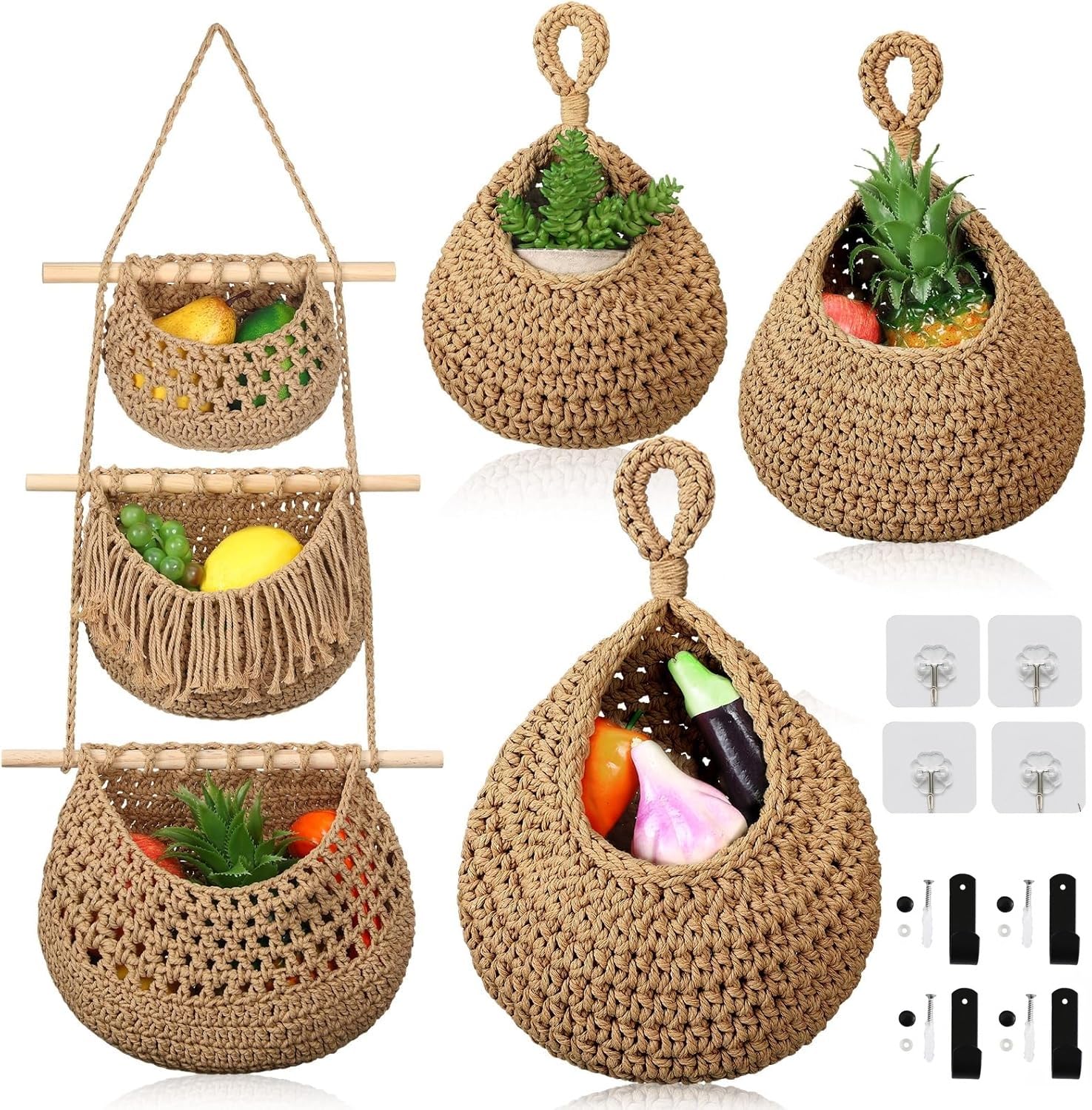 Lot de 4 corbeilles à fruits à suspendre au mur pour fruits et légumes, corde de jute tissée, support de rangement mural à suspendre sur la porte, organiseur avec 8 crochets pour cuisine, chambre à