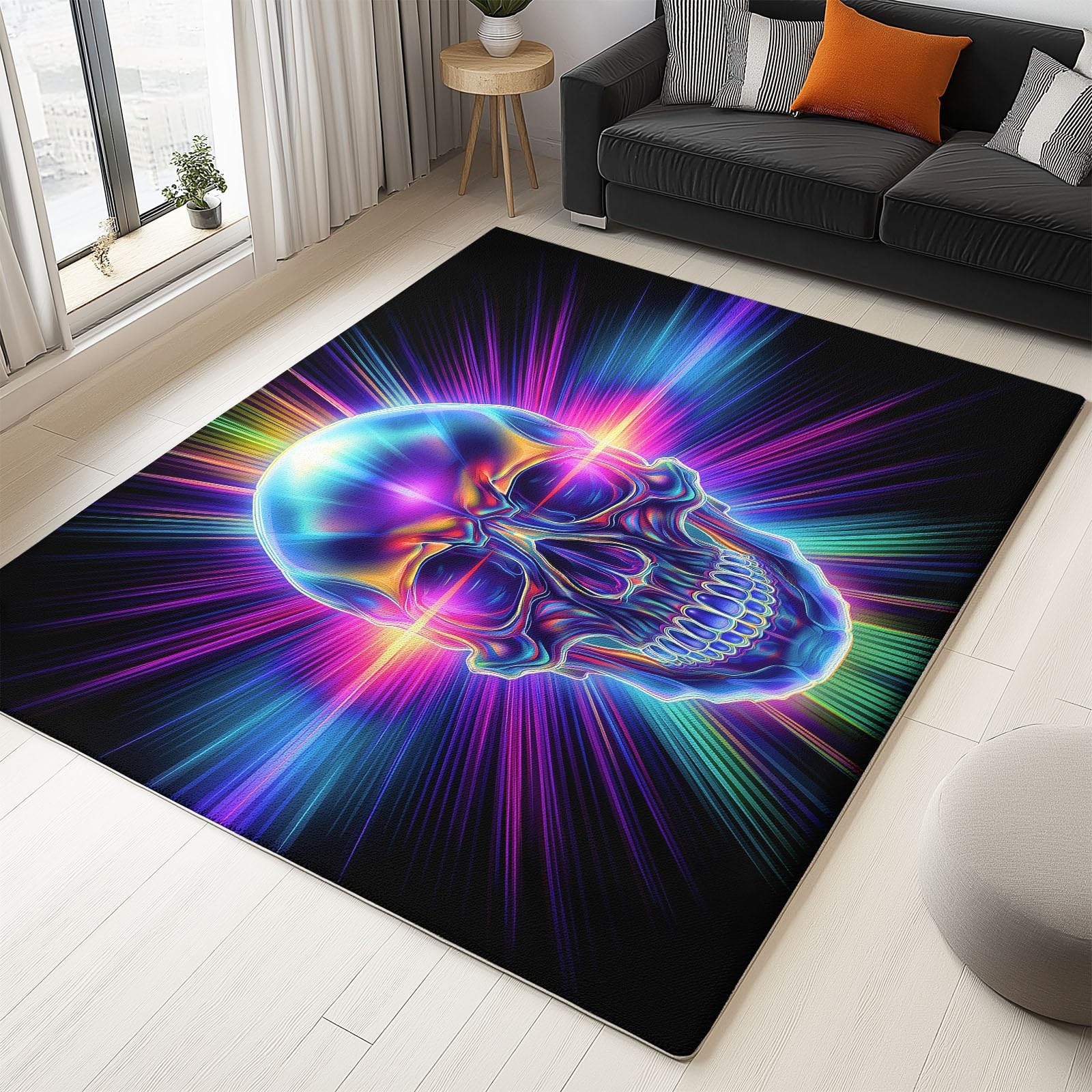 Tapis de salon noir crâne gothique 120x170cm poils ras antidérapant