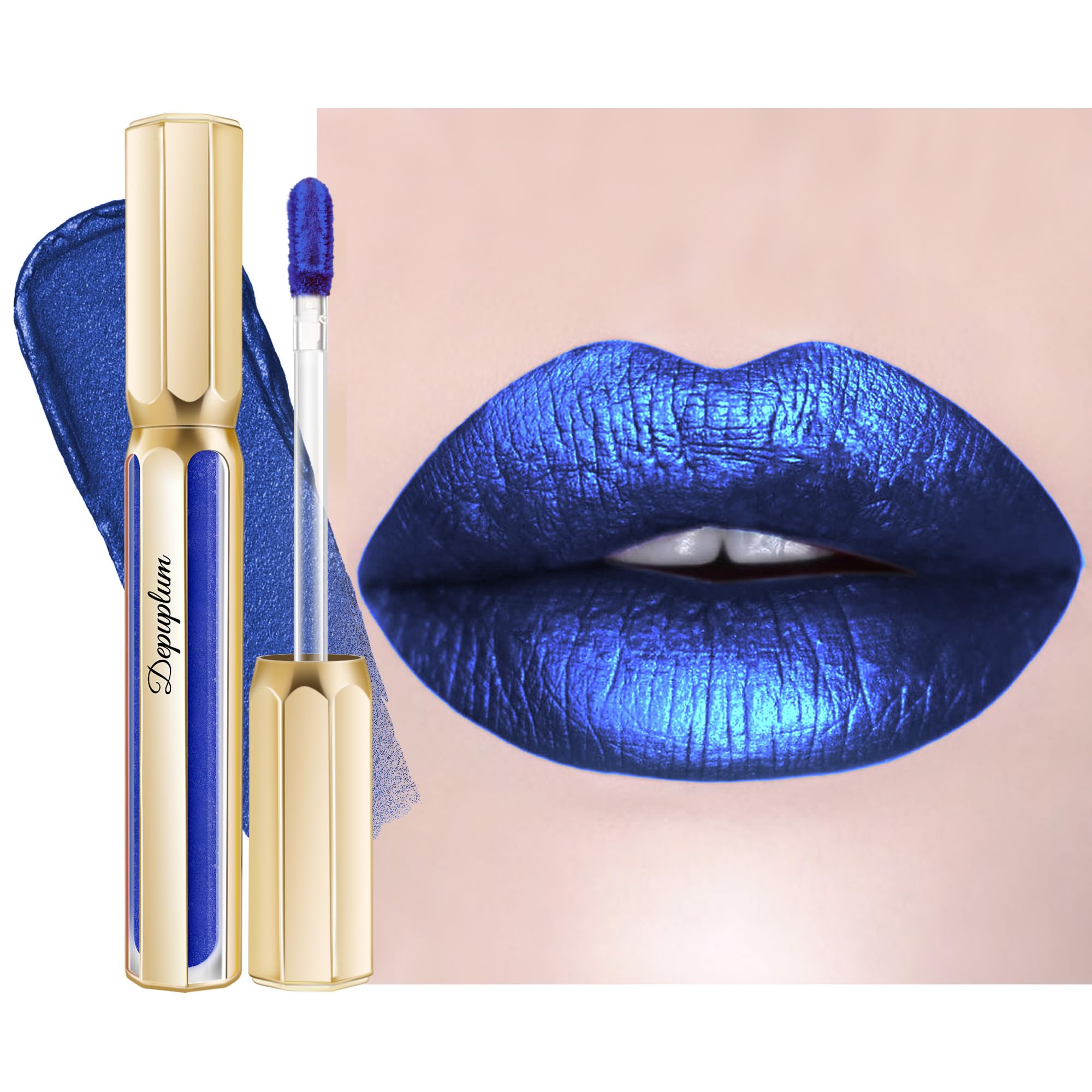 Depuplum Blue Lipsticks for Women Metallic Lipstick Long Lasting Non Stick Cup Lip Gloss, Shimmer Lightweight Hydrating Full Coverage Lip Color, DP118