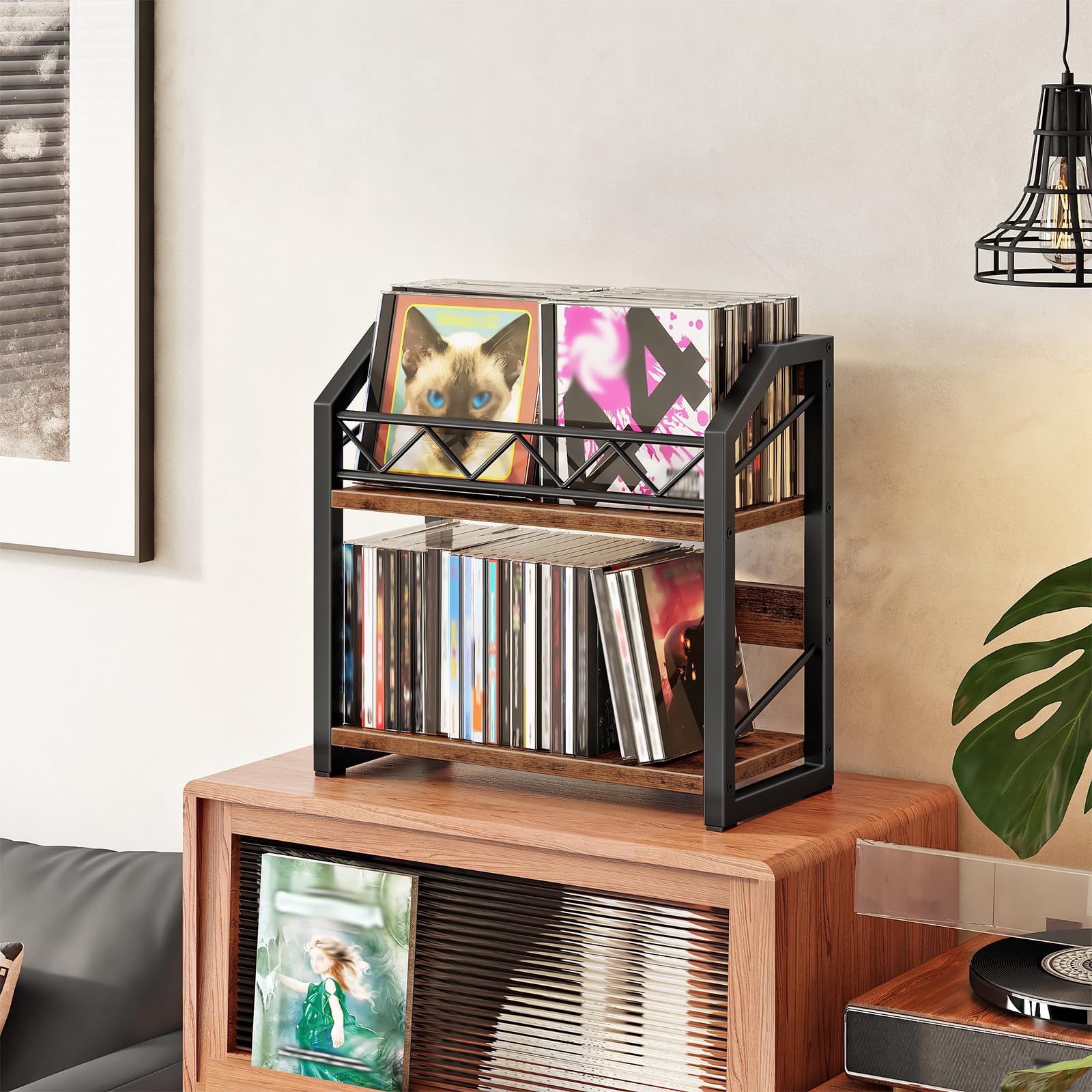 HOOBRO 2-Tier CD Storage, CD Rack with Non-Slip Feet, Holds up to 55 DVDs, CD/DVD Holder, Space-Saving Desktop Organiser, Rustic Brown and Black EBF22CJ01 — view 4