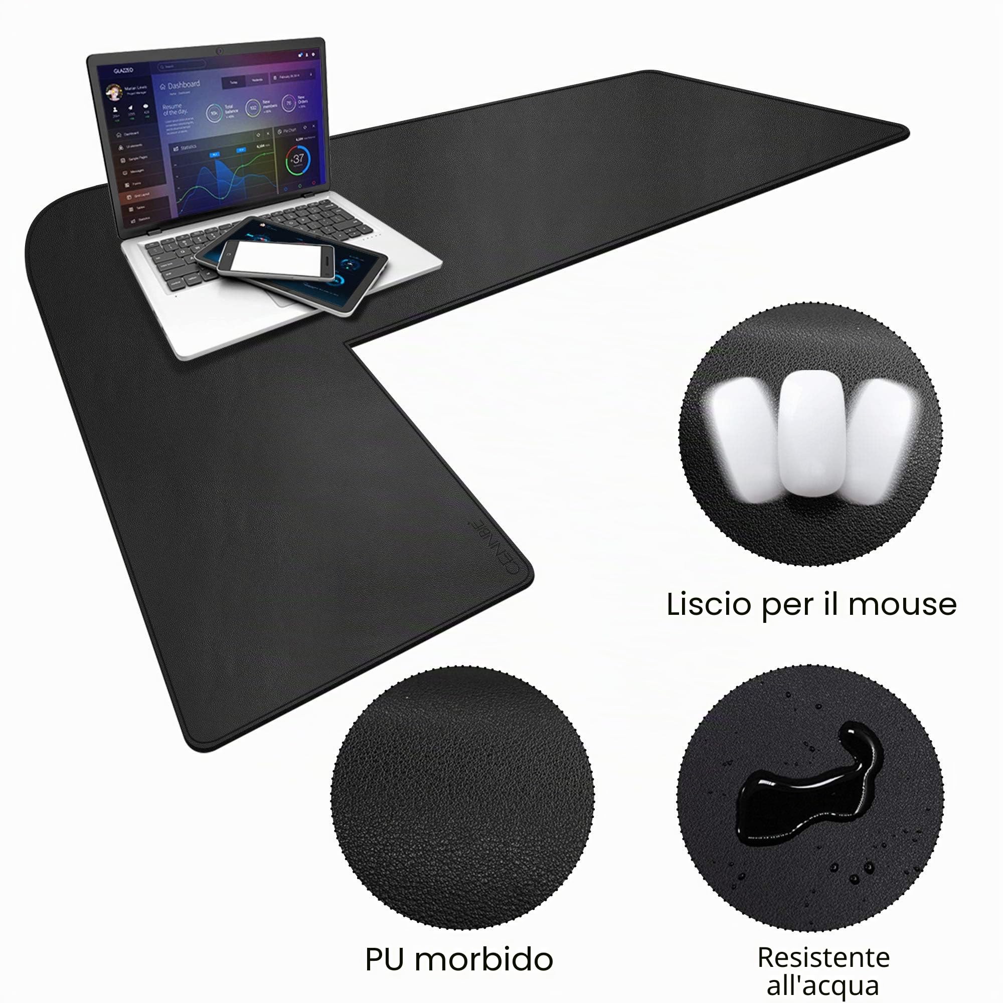 CENNBIE doppia faccia sottomano scrivania angolare,110x130x40cm Tappetino Scrivania pelle a forma di L,estesa tappetino mouse pelle impermeabile e antiscivolo ，per Casa/Ufficio(nero)
