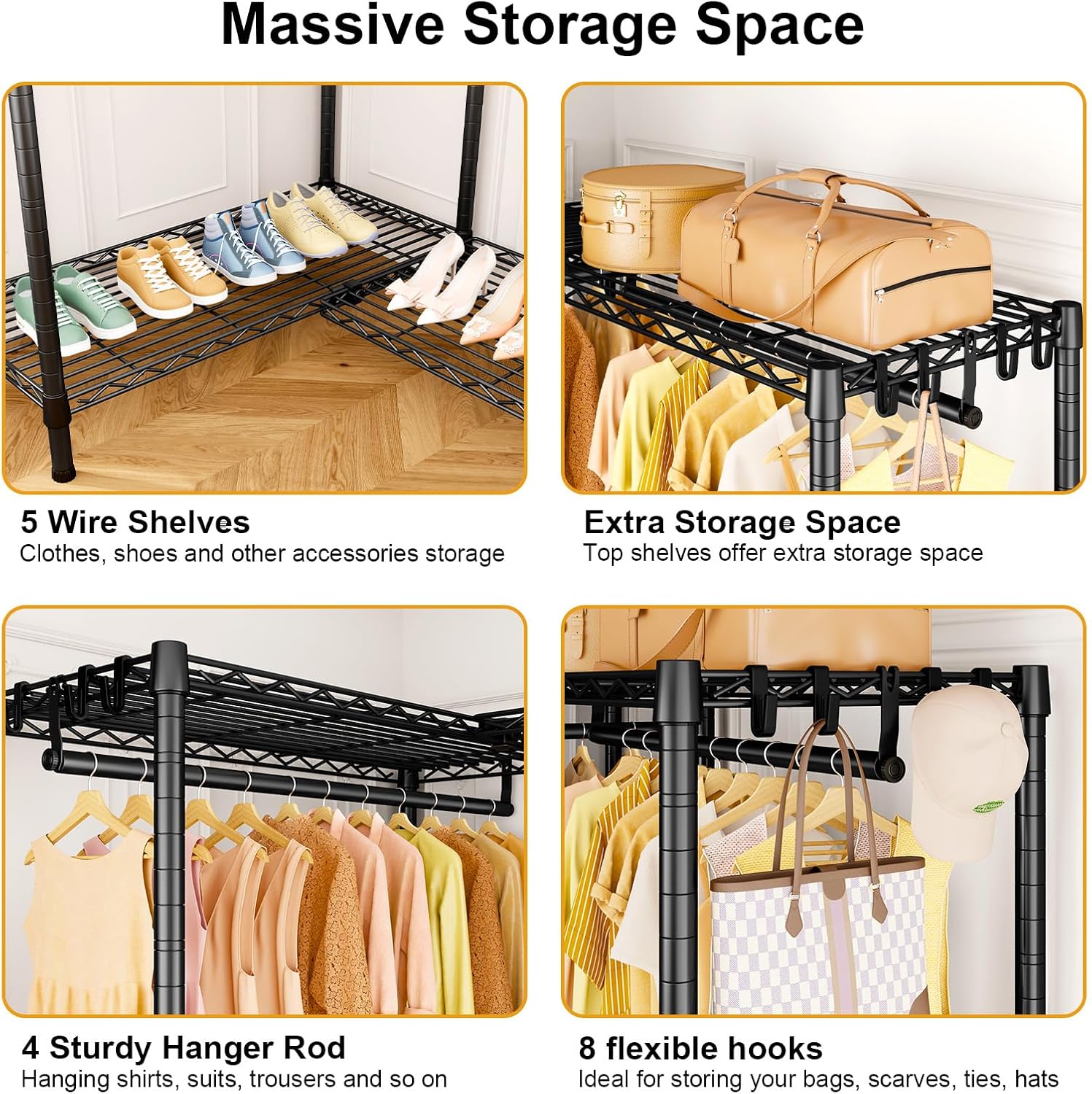 E15C Garment Rack L Shaped Clothes Rack for Corner，Freestanding Clothing Racks for Hanging Clothes，Heavy Duty Closet Organizer 43.4"W x 15.8"D x 78.4"H，Black Rack with Black Dustproof Cover