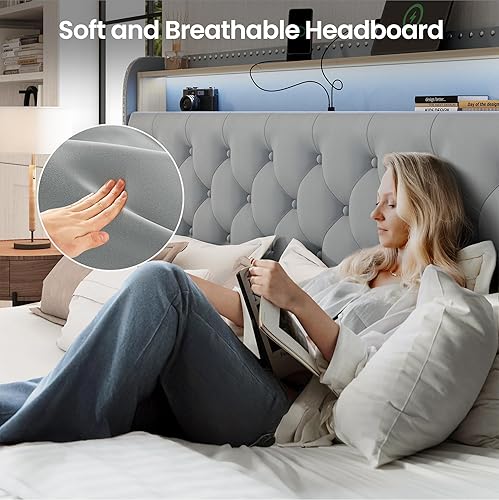 Miniatura 5 de LARMACE - Marco de cama tamaño King tapizado en terciopelo con plataforma LED y cabecera con botones, con 4 cajones de almacenamiento y estación de