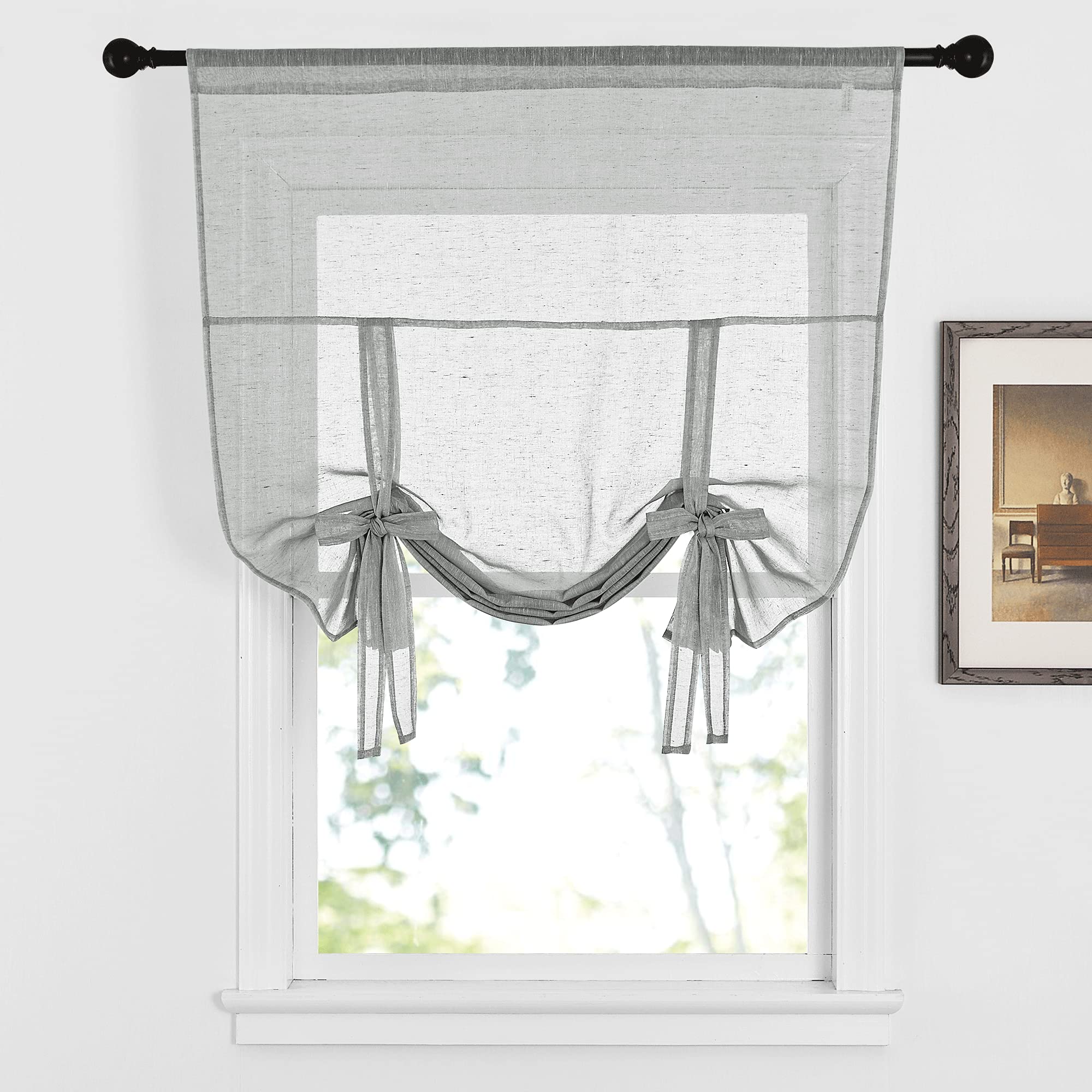 Tie Up Curtains for Bathroom - Linen Sheer Balloon Window Shade Adjustable Rod Pocket Farmhouse Roman Curtains for Kitchen/Camper RV, 1 Piece, 42 inches Wide x 63 inches Long, Dove Grey