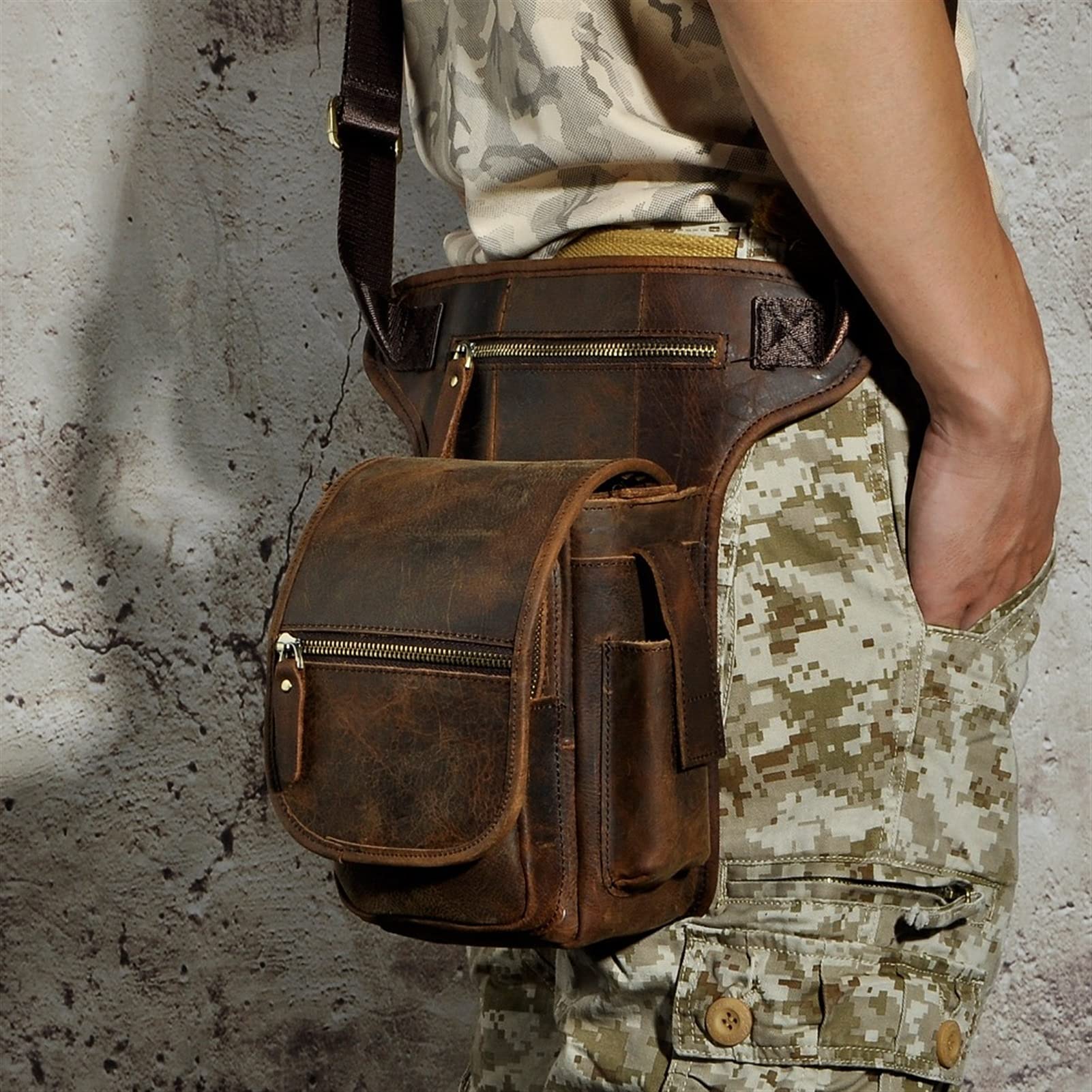 Beintasche Motorrad,Beintasche Echtes Leder männer Design Casual Messenger Schulter Sling Tasche Mode Multifunktionale Gürtel Tasche Drop Bein Tasche Tasche(Brown)