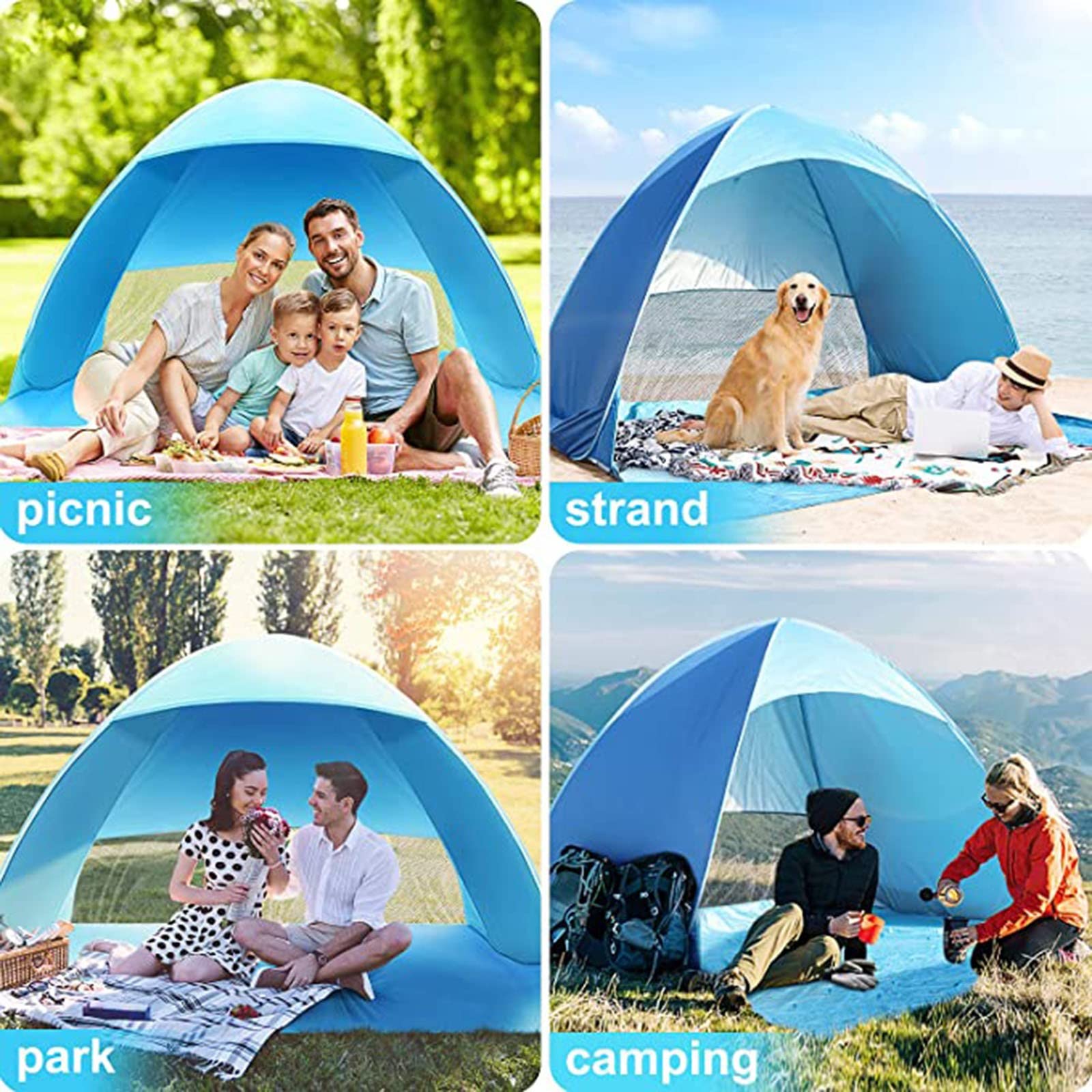 Instant pop-up automatische strandtent voor 3-4 personen, extra grote draagbare geventileerde zonwering met 3 uitbreidbare deuren, eenvoudige installatie, lichtgewicht zonnescherm voor picknick