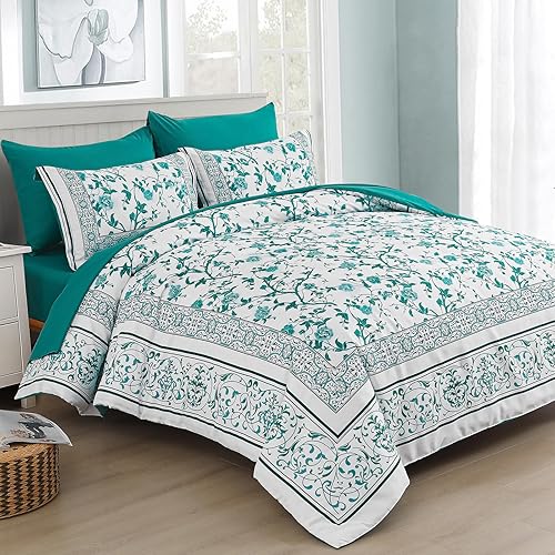 Dobuyly Floral Queen Comforter Set, 7 Piece Bed in a Bag Queen Size Aqua Flowers on White Botanical Bedding Set, Soft Microfiber Green Comforter Sets with Sheets for All Season
