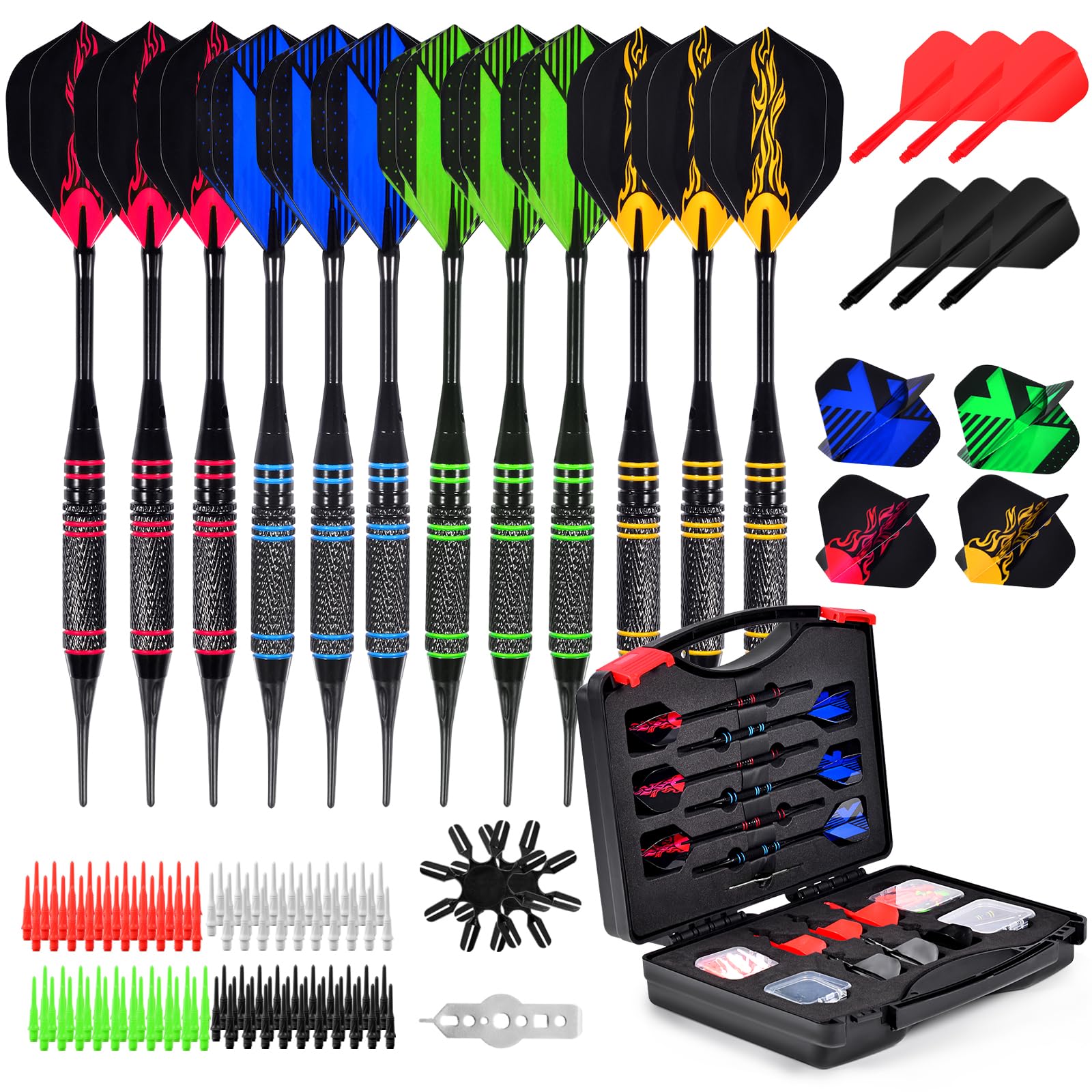 Dartpfeile Elektronische Dartscheibe,Dartpfeile Soft,Kunststoffspitze,12 Stück à 18 Gramm mit 120 Ersatzspitzen,6 Dartflügeln, Flight Protector, Aufbewahrungskoffer, Dart für elektronische Dartscheibe