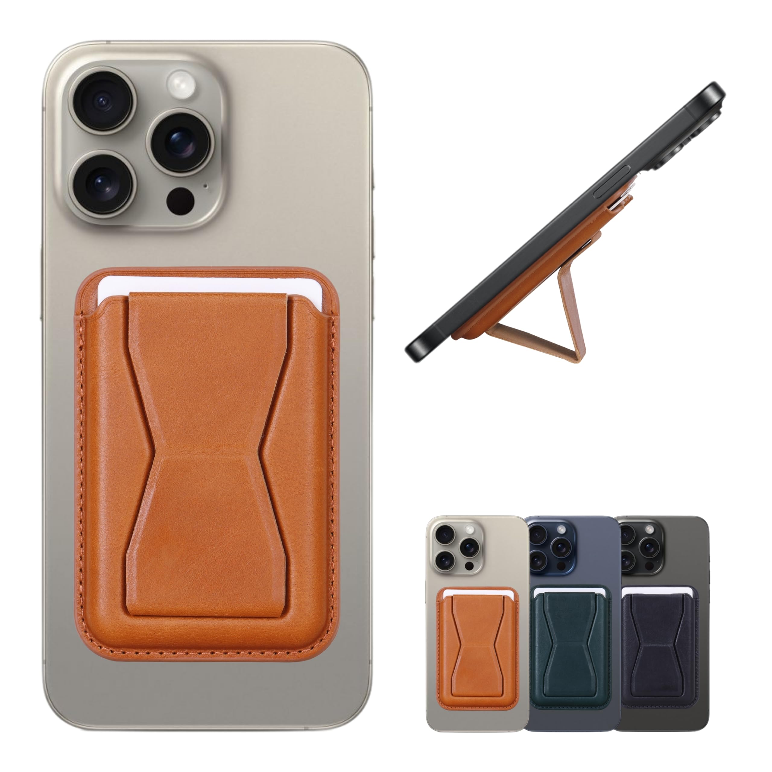 Magsafe Wallet Top Grain Leather Card Wallet with Adjustable Kickstand designed for Apple Iphone 15, 14, 13, 12 series and Android Magsafe case compatible (Cognac Brown)