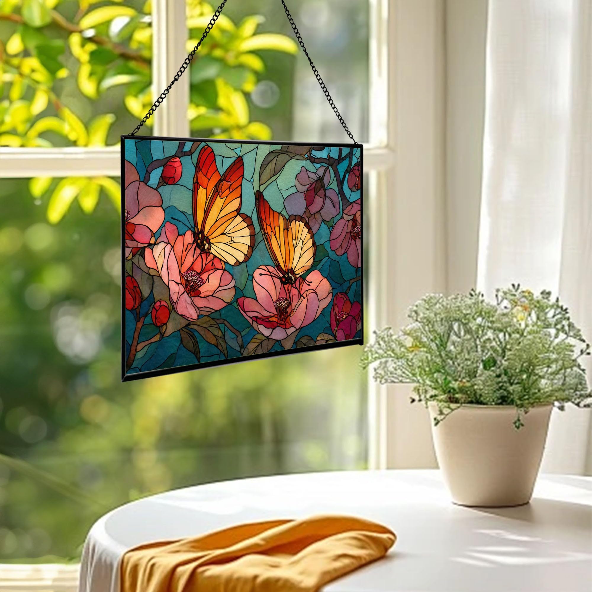 Butterfly Kisses Between Flowers Rectangular Stained Glass Suncatcher – Hanging Window Panel with Animal & Nature Scene – Vibrant Glass Art Gift for Wildlife, Fantasy, Nature Lovers oGIyqp