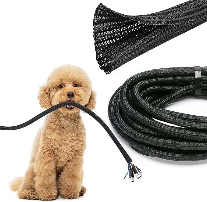 JOTO 26ft - 1/2 inch Cord Protector Wire Loom Tubing Cable Sleeve, Braided Cable Sleeve Split Sleeving Cord Management System for TV Computer Home Theater Office, Protect Pet From Chewing Cords - Black