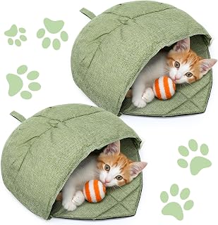 2 Pcs Cat Sleeping Bags Cute Cat Beds Hideaway Caves Cozy Linen Leaf Nests Pet Cuddle Zone Covered Hide Hood Burrowing Soft Durable with Non-Slip Bottom for Indoor Puppy and Kitten(Green)