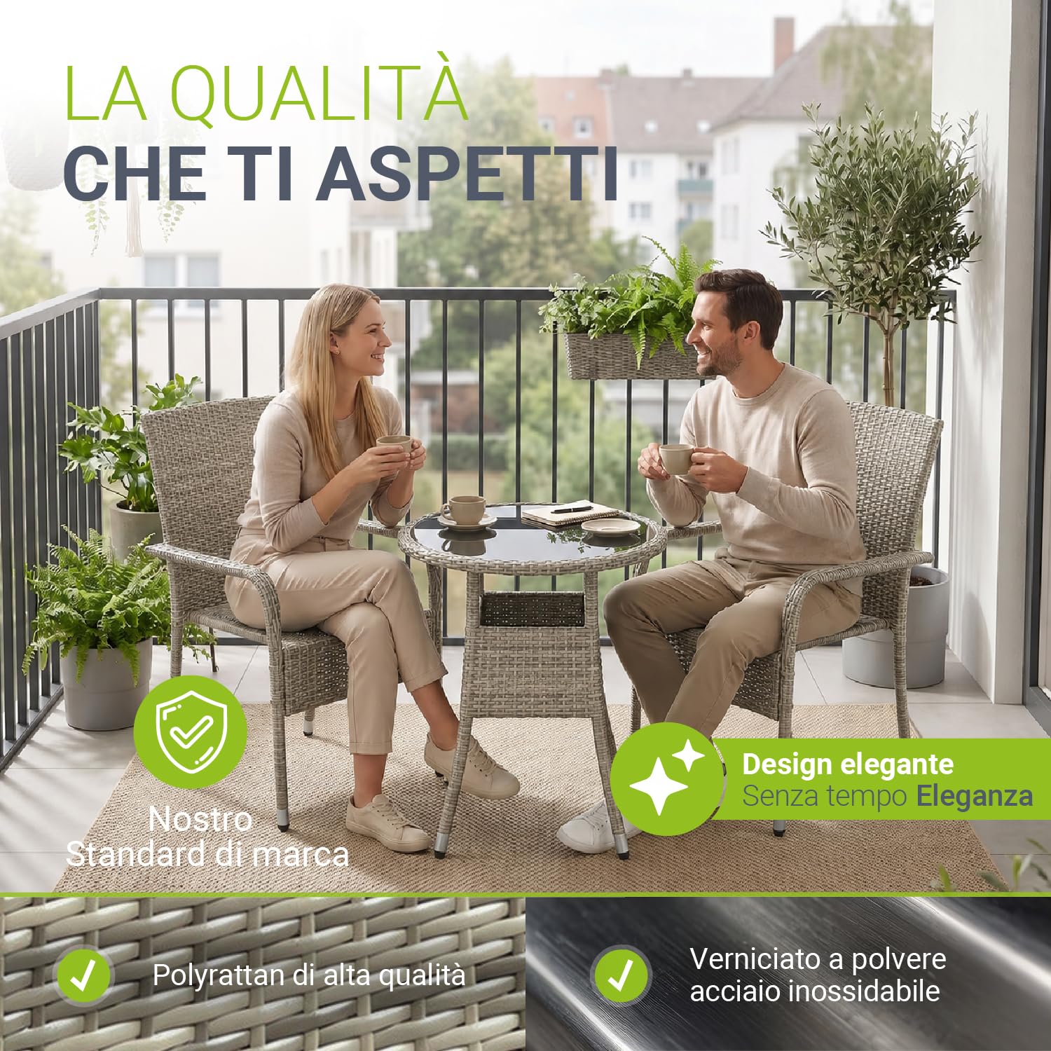 Juskys tavolino da giardino Yoro - Piccolo, rotondo, compatto, resistente alle intemperie - Piano in vetro e polyrattan - Ø 60 cm - Grigio