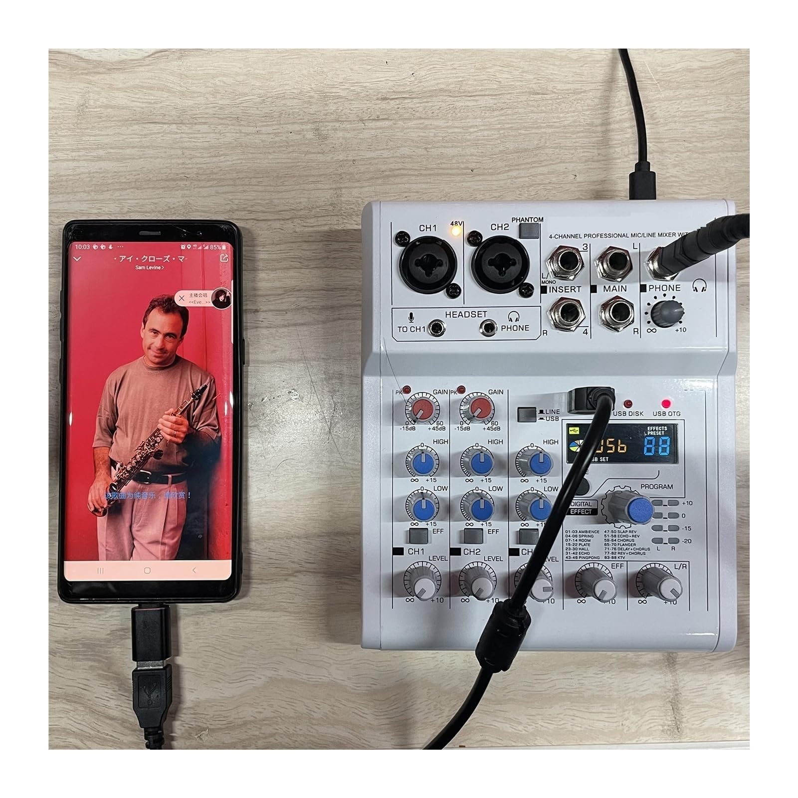 Mikser dźwięku, 4-kanałowy 5V komputer mobilny USB odtwarzanie i nagrywanie 88 efektów DSP echo pogłos osobisty mikser
