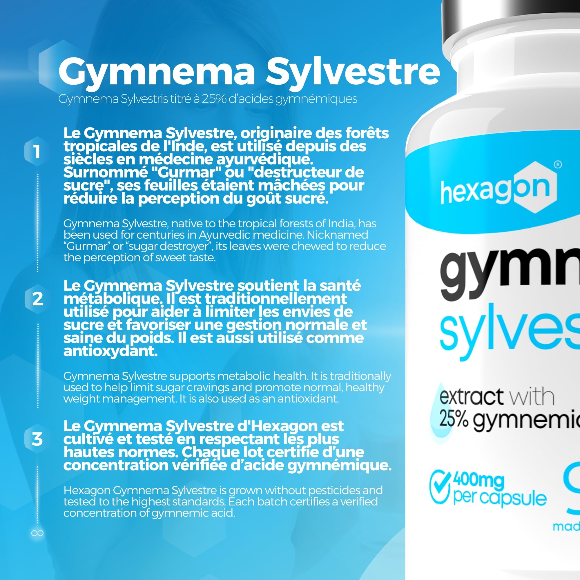 Gymnema Sylvestre 400mg - Jusqu’à +3 Mois de Cure - Soutien Naturel - Gestion des Envies Sucrées - Made in France - 90 Gélules Végétales - Vegan - Hexagon