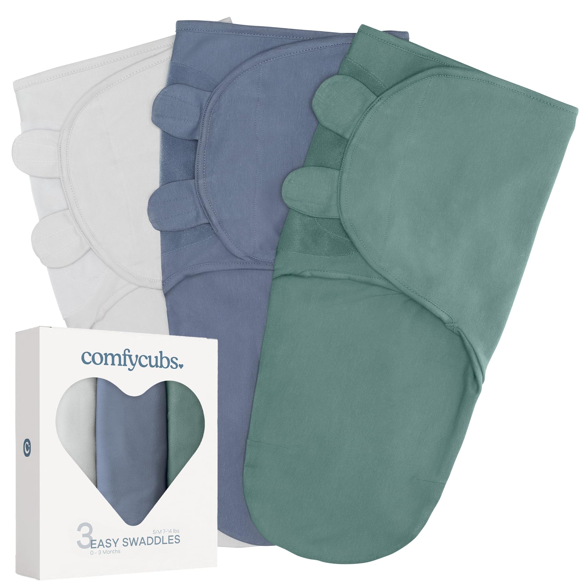 Comfy Cubs Easy Swaddle Blanket, 3 Pack - 100% Cotton Newborn Wrap, Small for 0-3 Months Infants, with Adjustable Velcro, Breathable and Durable Sleep Sack for Babies - Stone, Nomadic Blue & Azul