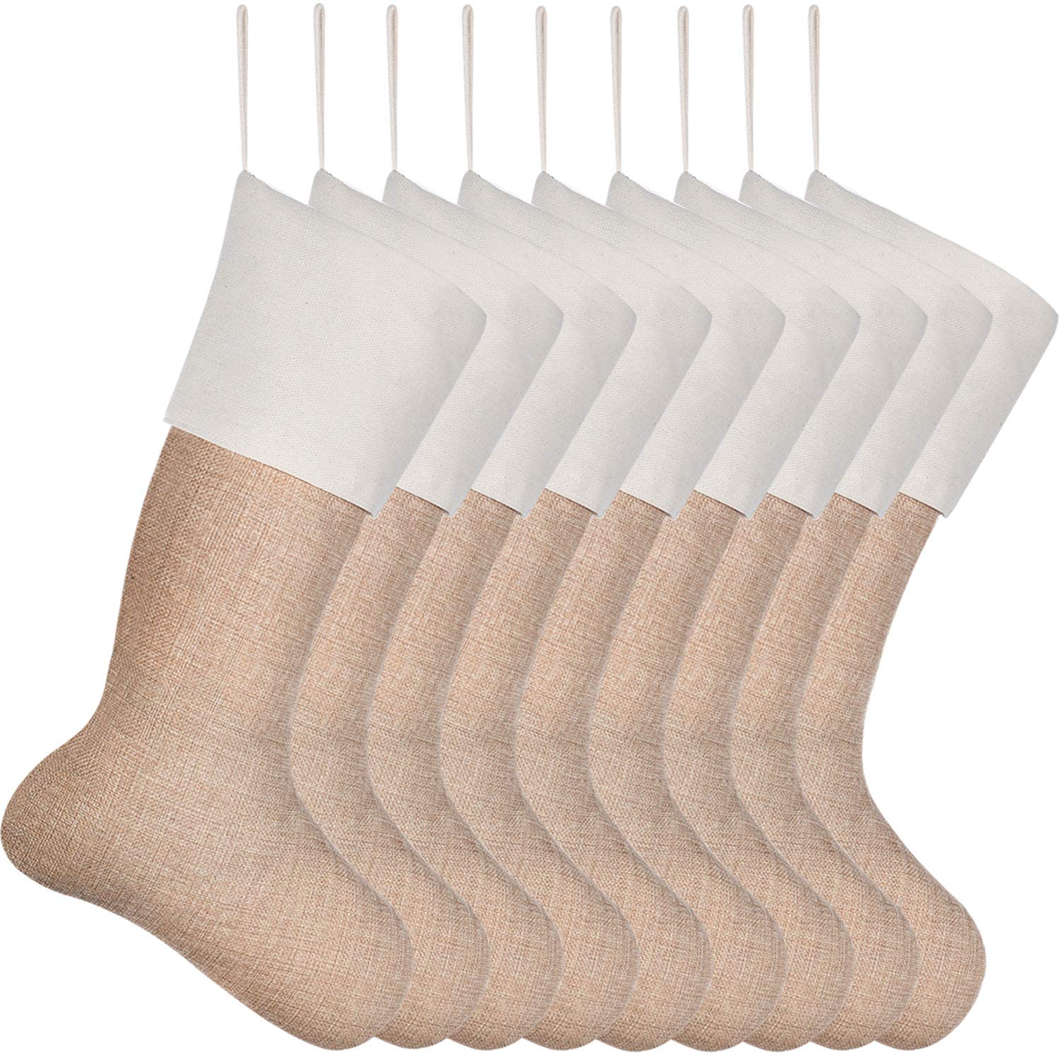 Sunshane Lot de 9 Bas de Noël en Toile de Jute à Suspendre pour cheminée - Décoration de Noël - Bricolage - Lin
