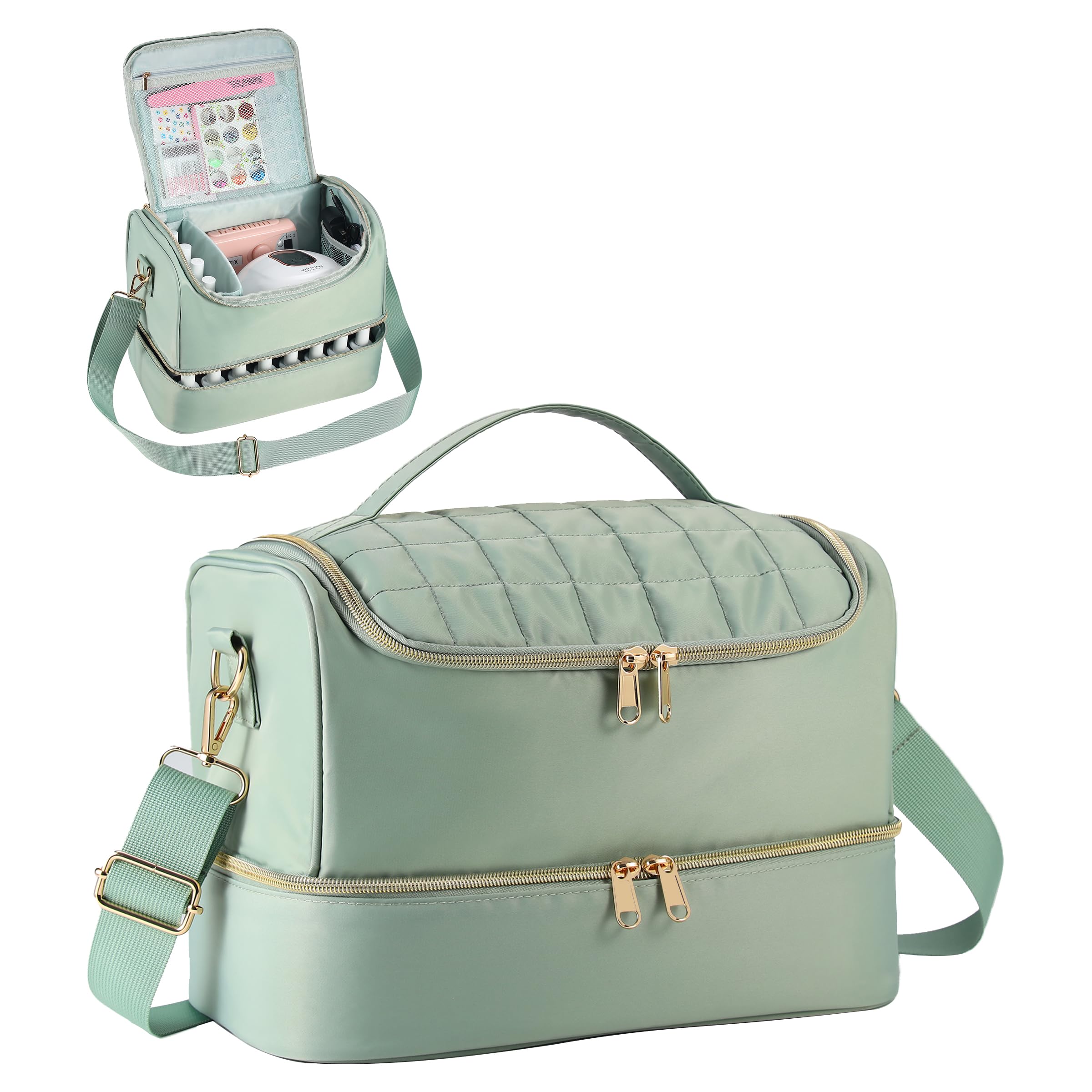 GR69N Nail Polish Organizer Case,Nail Storage Organizer Holds Nail Lamp & 50 Bottles Nail Polish,Travel Nail Tech Case,Waterproof Nail Kit Organizer Bag Fits Nail Supplies & Manicure Tools (Green)