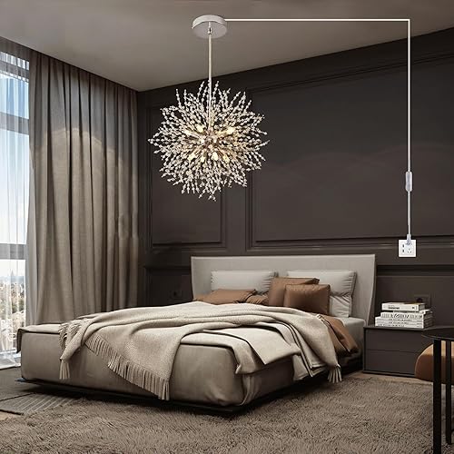 Miniatura 6 de HOXIYA Candelabros modernos de cristal, fuegos artificiales, candelabro de diente de león enchufable, lámpara colgante Sputnik cromada para