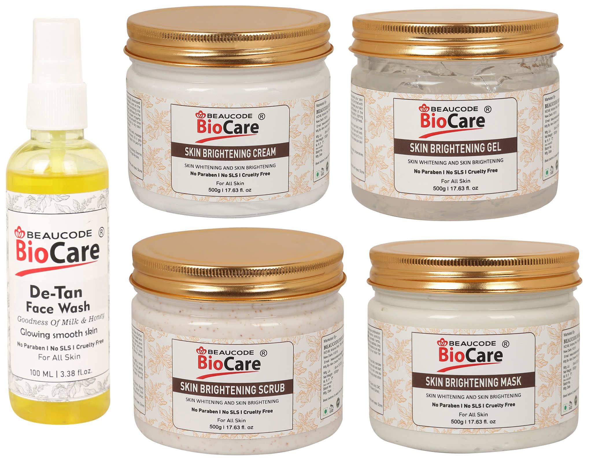 BEAUCODE BioCarePack of-5, Skin Brightening Face and Body Gel & Cream & Mask & Scrub (500g) and De-Tanl Face wash (100ml)