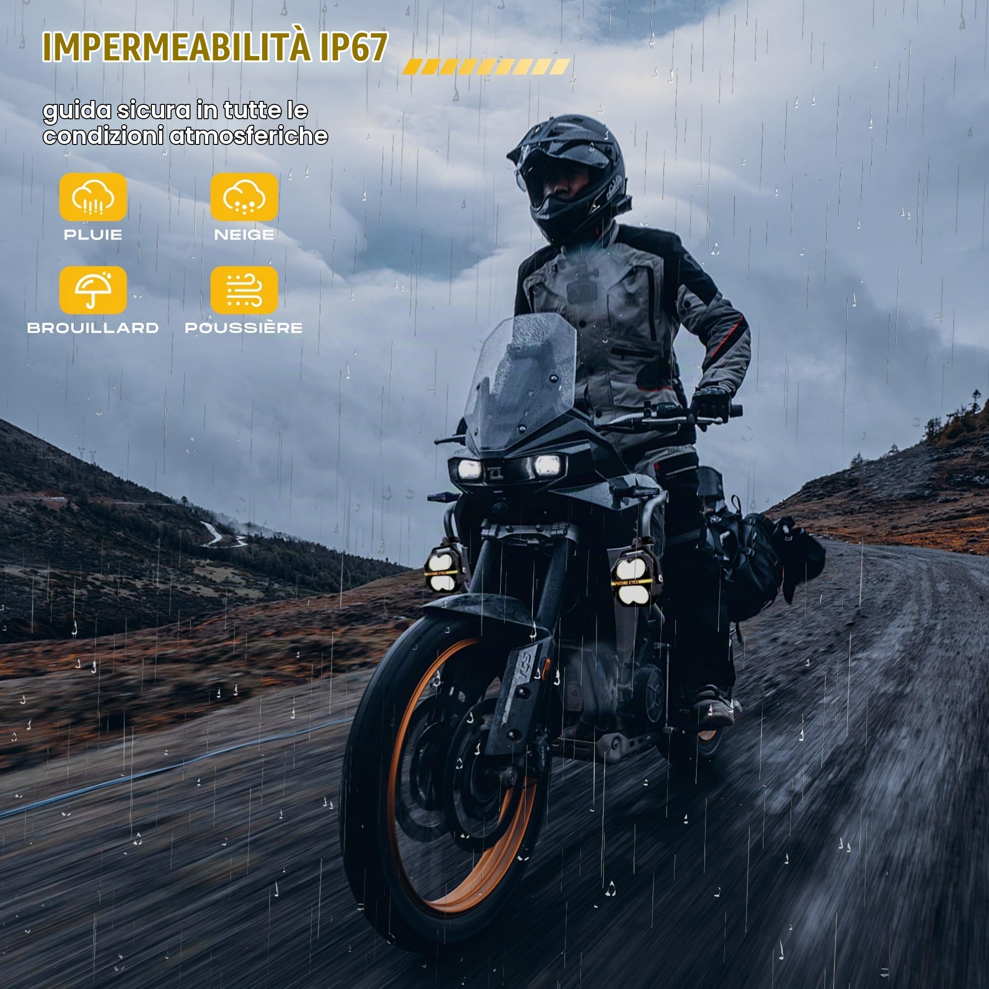 Future Eyes Fari LED Moto Supplementari, 12000LM 120W Omologati CE E-Mark E57 Fari LED IP67 Impermeabili Faretti 4 Lenti 800M Lungo Raggio Supporto Regolabile 360°