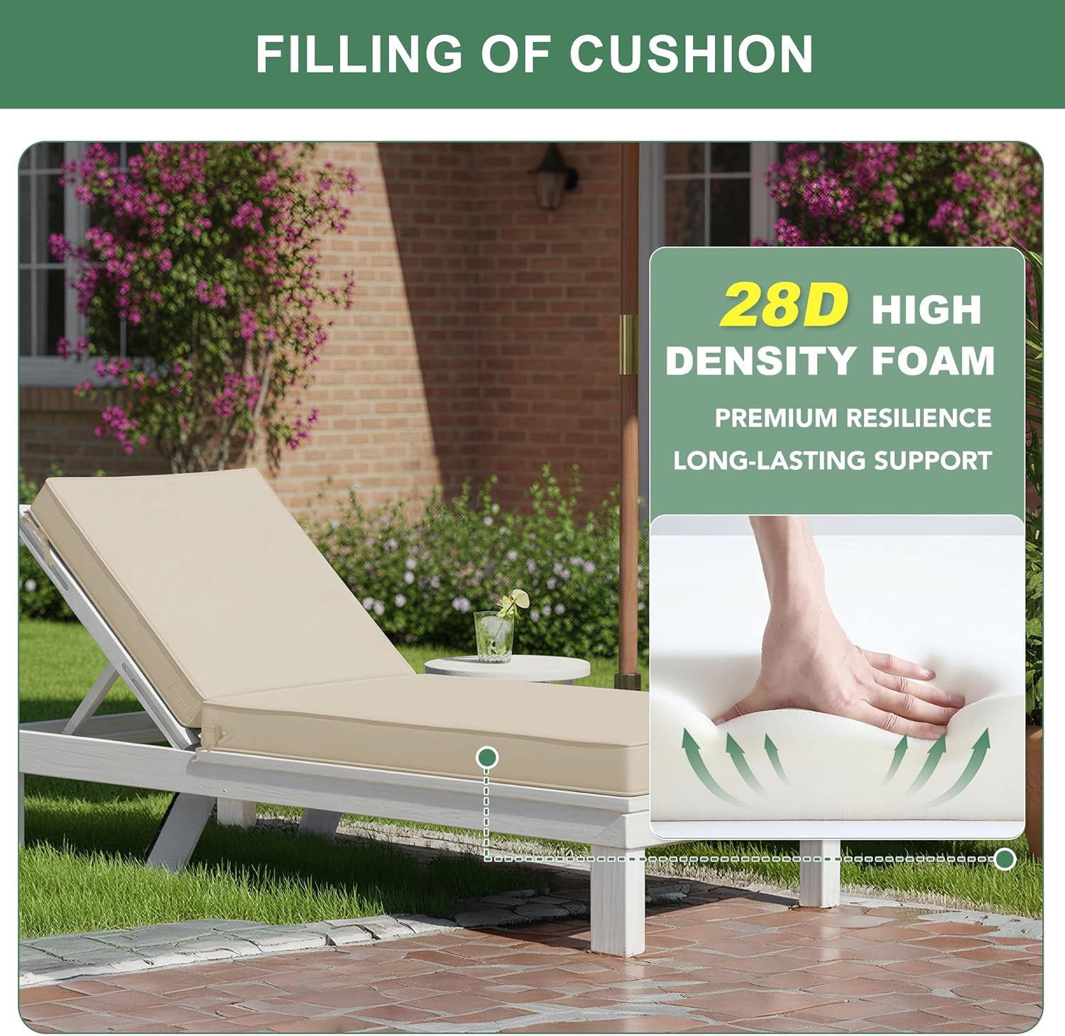 Summsun Chaise Lounge Cushions Outdoor - Waterproof and Fade Resistant Sun Lounger Replacement Cushions - Patio Lounger Pads with Removable Cover for Pool, Deck, Lawn, 72 x 21 x 3 Inch, Cream