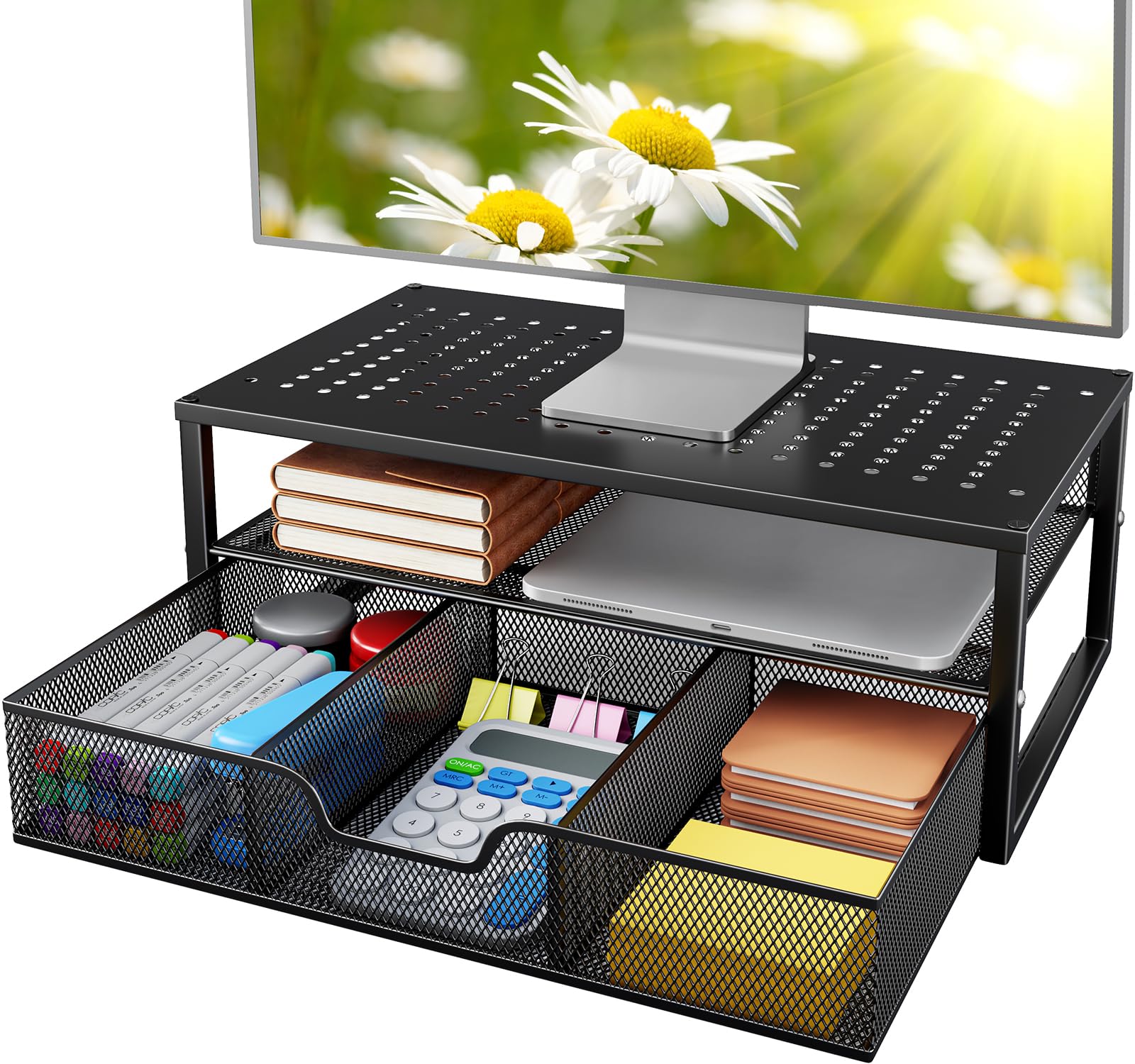 HUANUO 2 Tier Monitor Stand, Metal Monitor Riser with Storage, Computer Desk Organizer with Drawer for Laptop, Computer, PC, Black