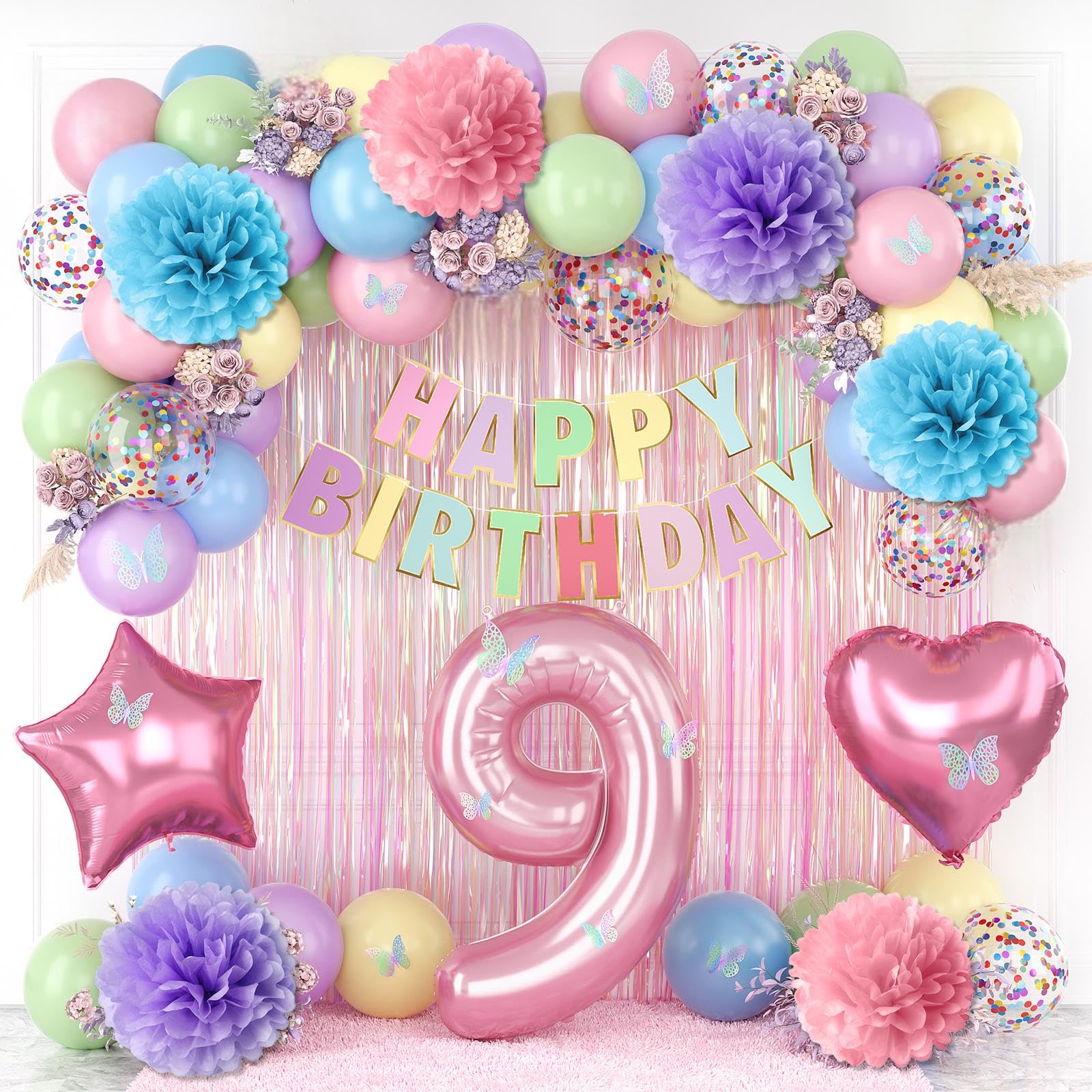 Pastel 9th Birthday Colorful Party Decorations Girls Pink Number 9 Balloon