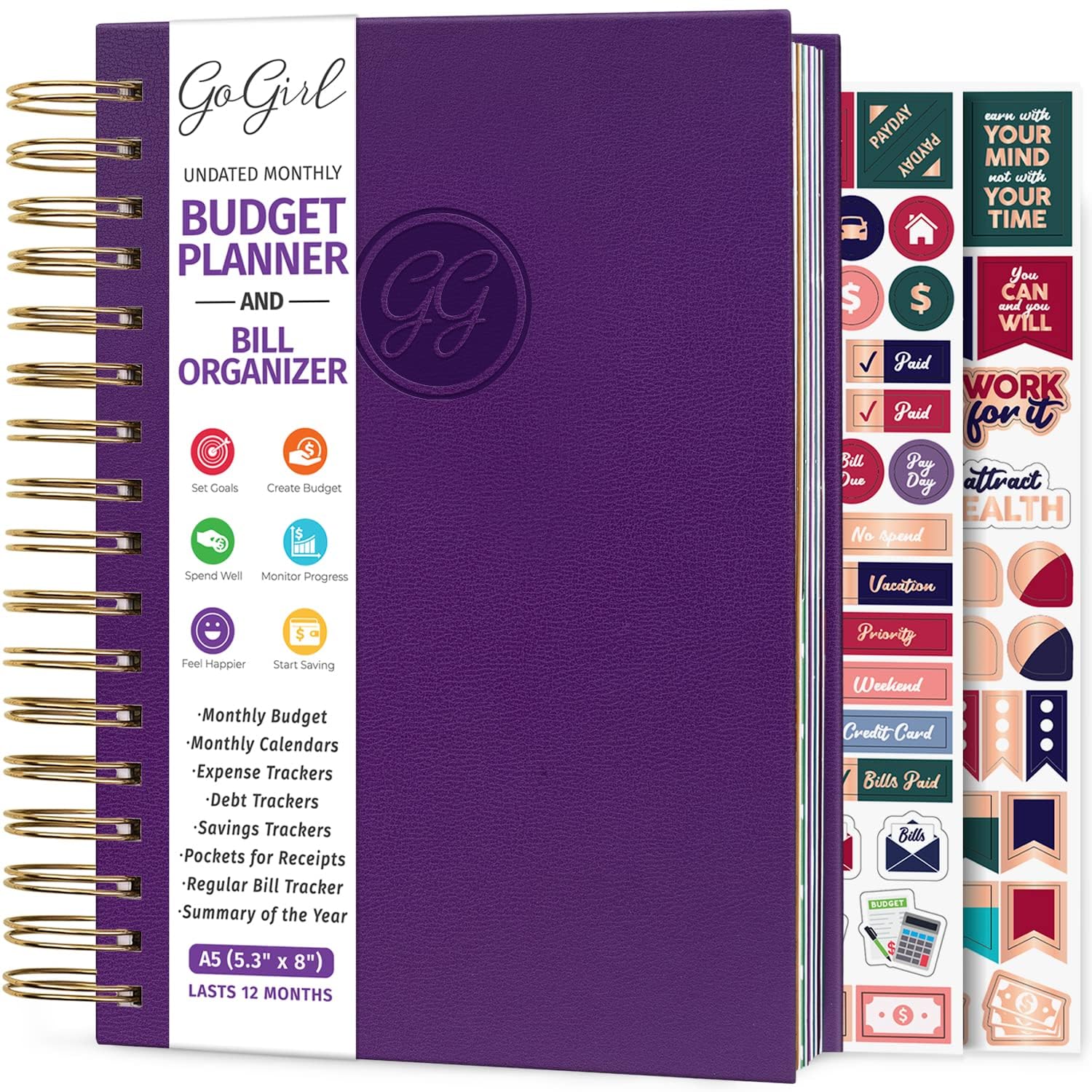 Gogirl - Agenda Mensile Con Taschine Per Controllare I Soldi, Copertina Rigida A Spirale, Dura 1 Anno, Colore: Viola-image