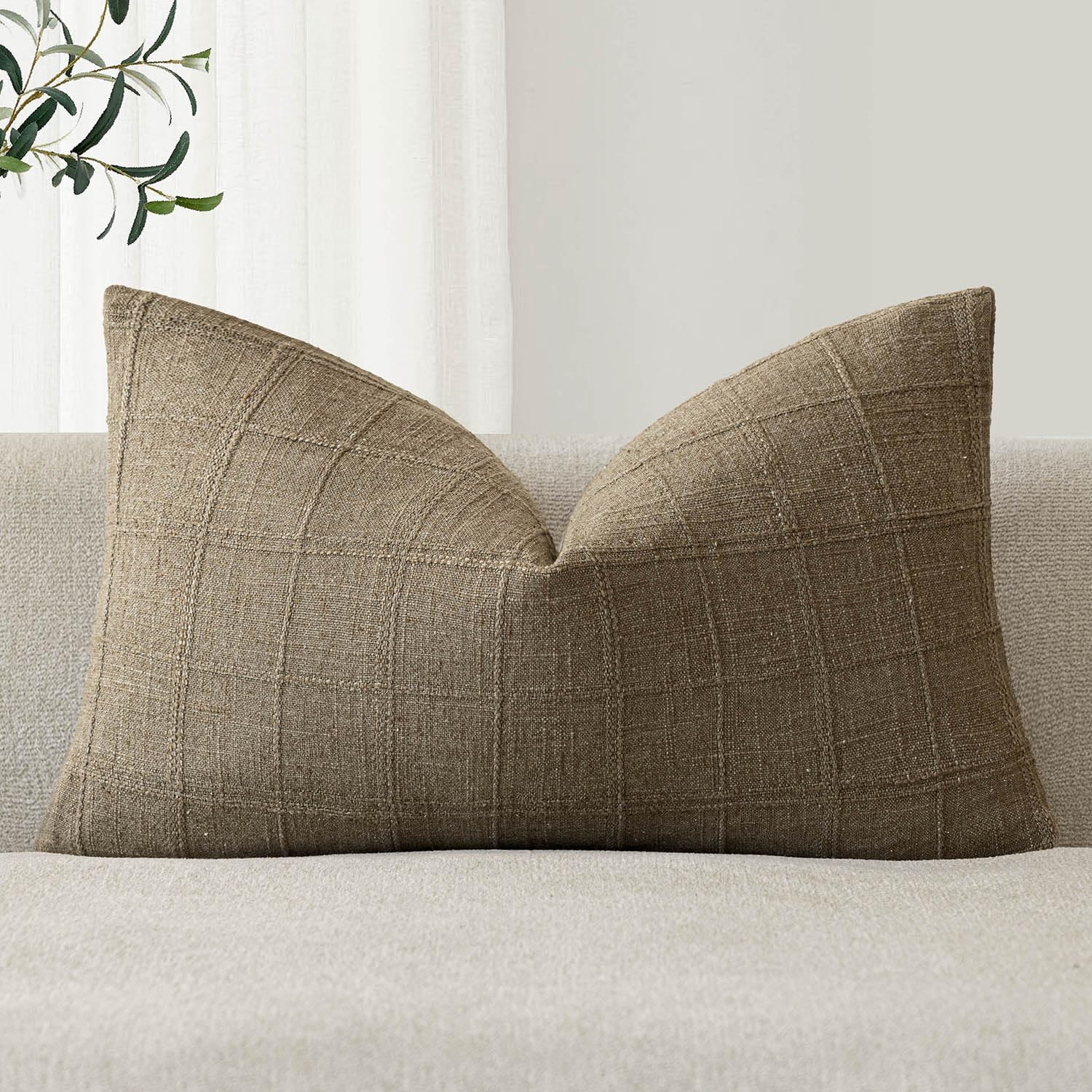 Foindtower Set of 1 Decorative Linen Check Throw Pillow Cover Neutral Farmhouse Lumbar Cushion Cover Modern Boho Home Decor for Sofa Chair Couch Bedroom Living Room,12×20 Inch,Light Brown
