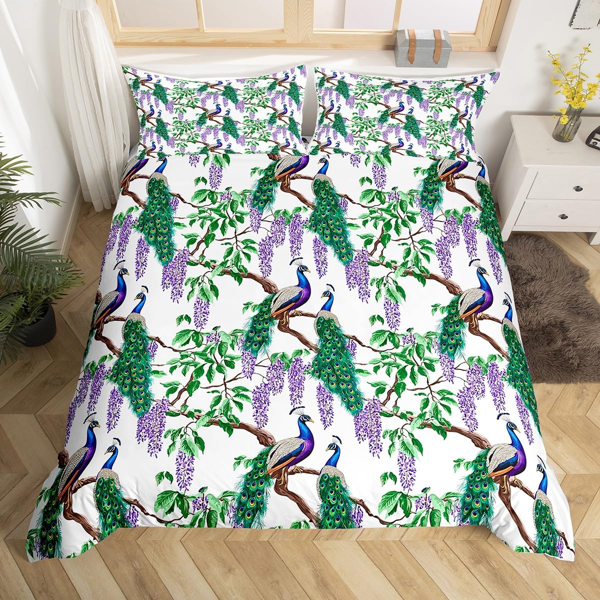 jejeloiu Peacock Bedding Set Toddler Size Animal Theme Bedding Duvet Cover Set Boys Girls Wisteria Flower Comforter Cover Set Floral Botanical Bedspread Cover Purple Flower Quilt Cover 2Pcs