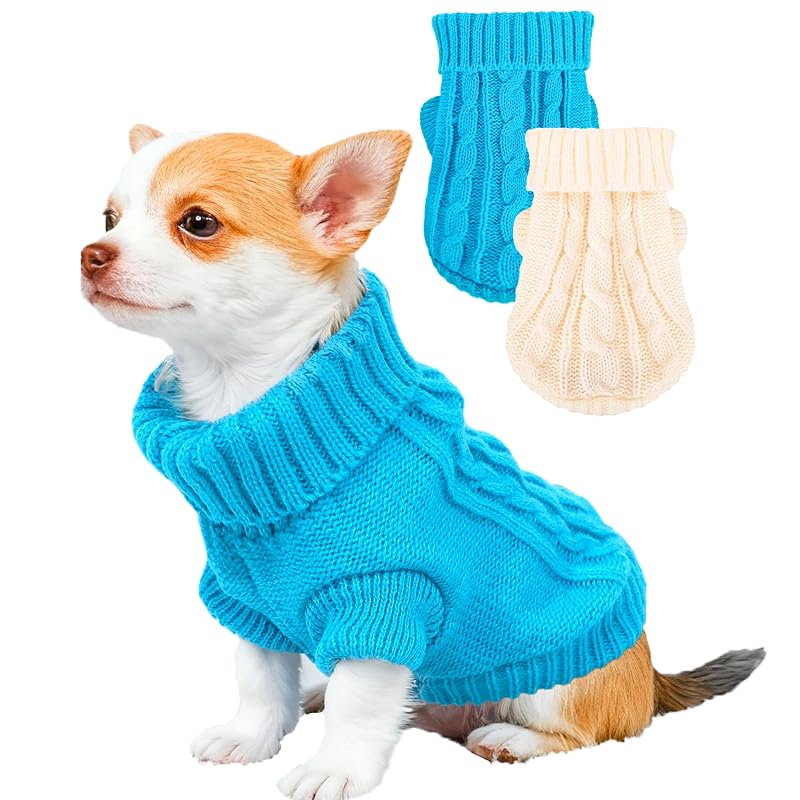 Suéter de tricô com gola alta para cães pequenos Kallfir's cutie Blue-White, pacote com 2