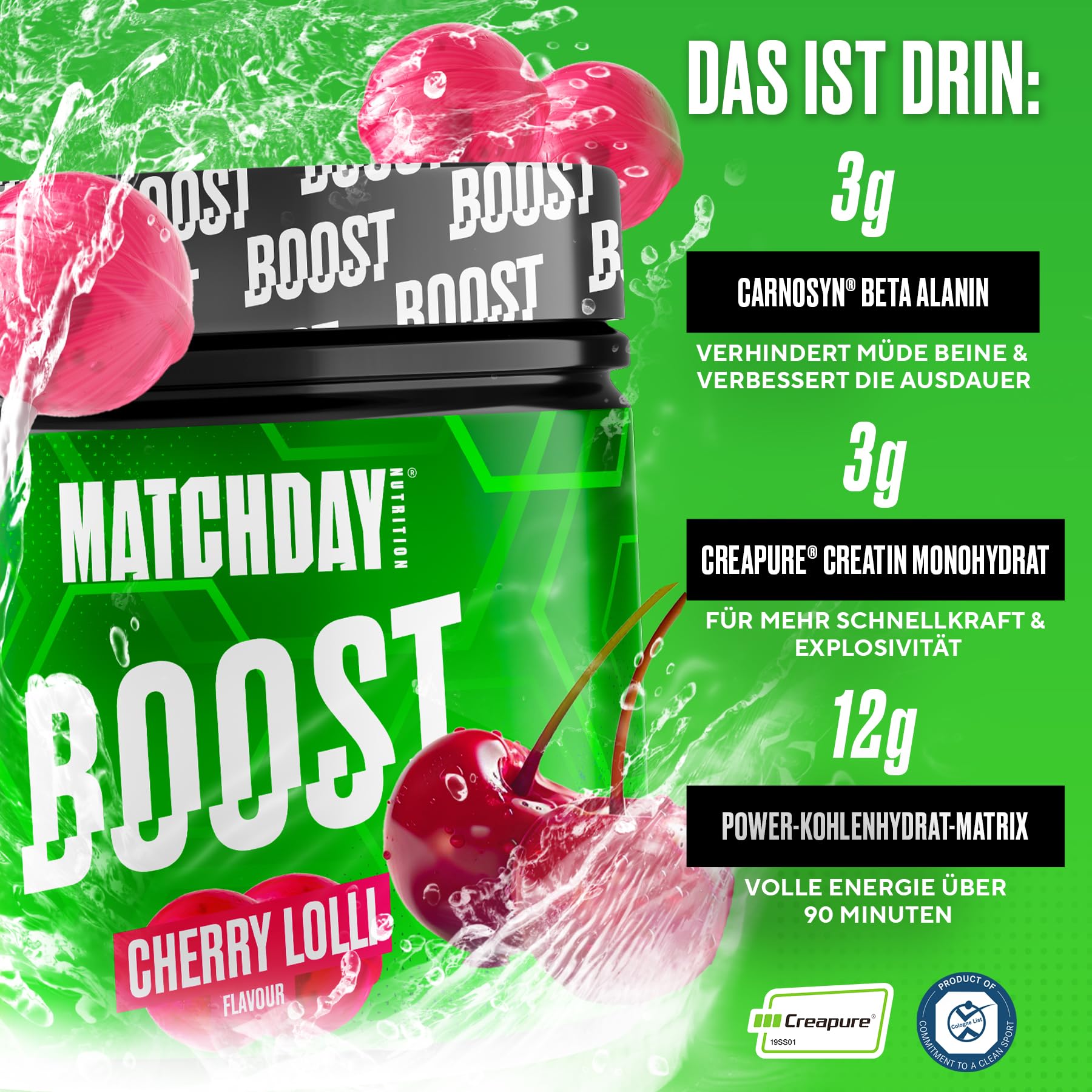 MATCHDAY NUTRITION | BOOST | 90 Minuten Vollgas Fußball | ATP Booster mit Aminosäuren und Kohlenhydraten | Mehr Schnellkraft, Explosivität & Ausdauer | 20 Portionen (Cherry Lollipop)