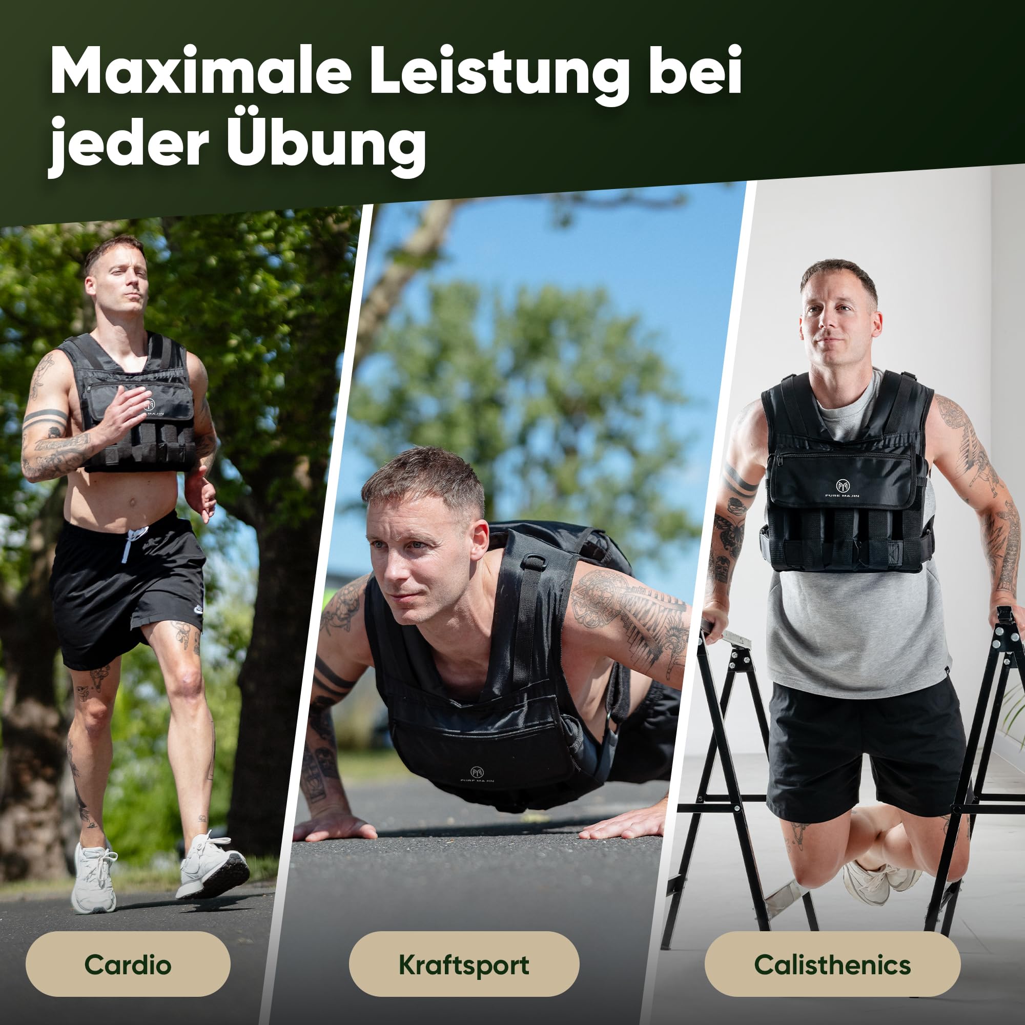 Gewichtsweste PURE MAJIN® 20kg verstellbar [mit Tasche & Metallgurt] | Fitness Workout Laufen Calisthenics Equipment Weighted Vest Trainingsweste Laufweste