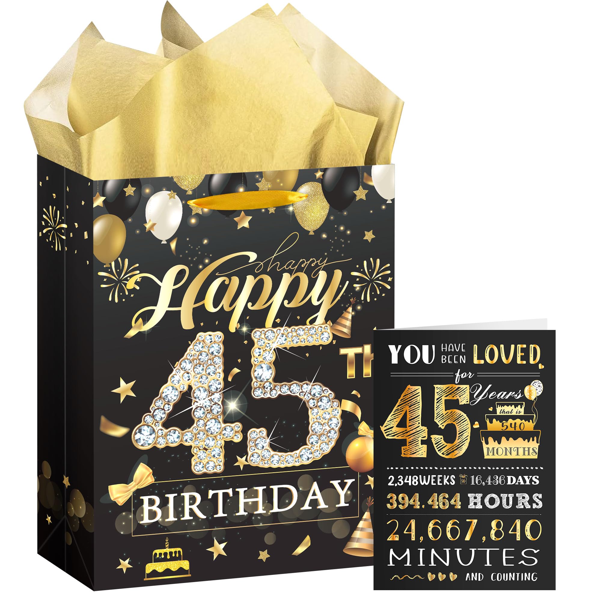 45th Birthday Medium Gift Bag, Black and Gold Birthday Presents Bag with Greeting Cards and Tissue Paper, Perfect for Any 45th Celebration