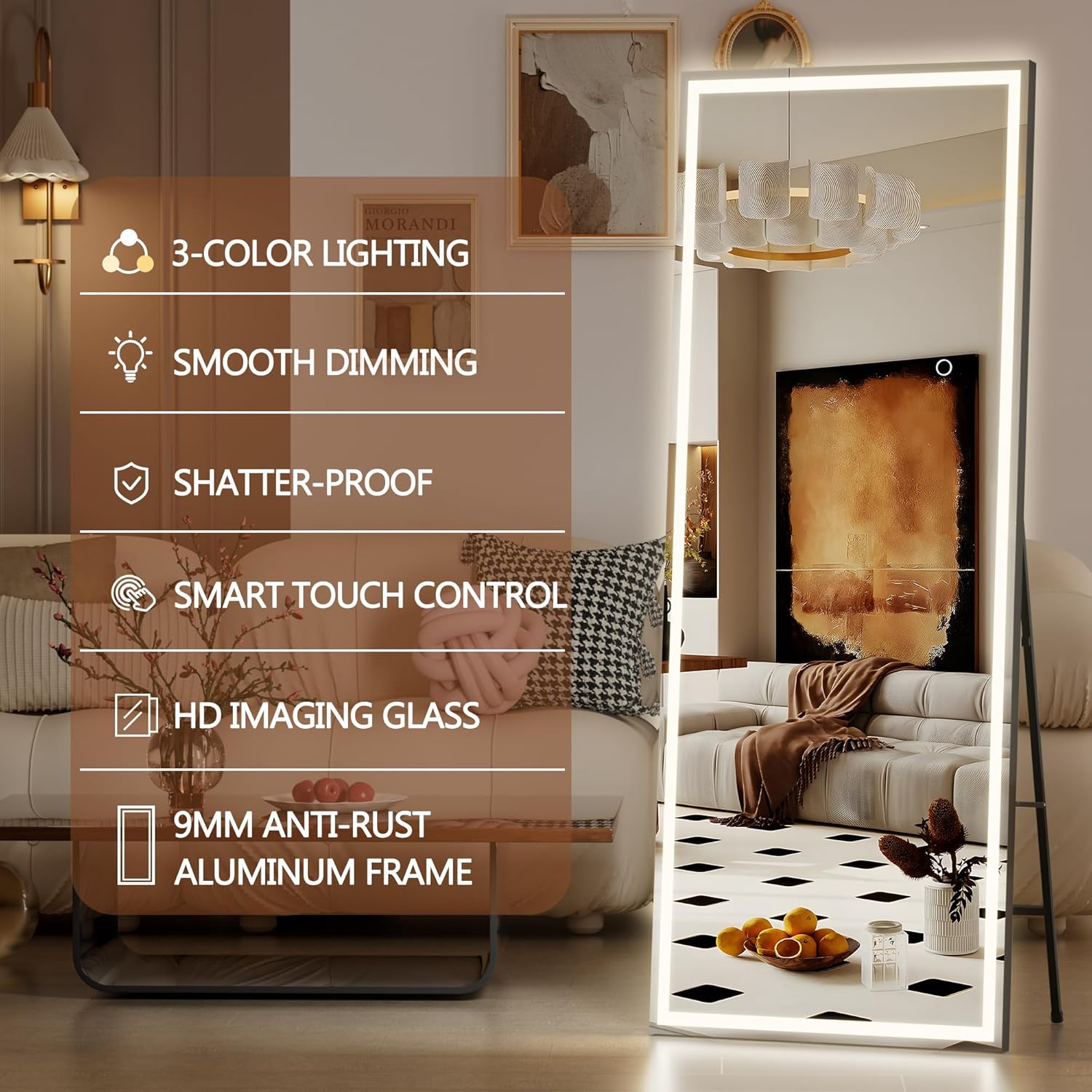 Hasipu Full Length Mirror with Lights, 67" x 22" LED Lighted Floor Standing, Full Body Dressing Hanging Mounted Mirror, Tempered Glass, Square Black