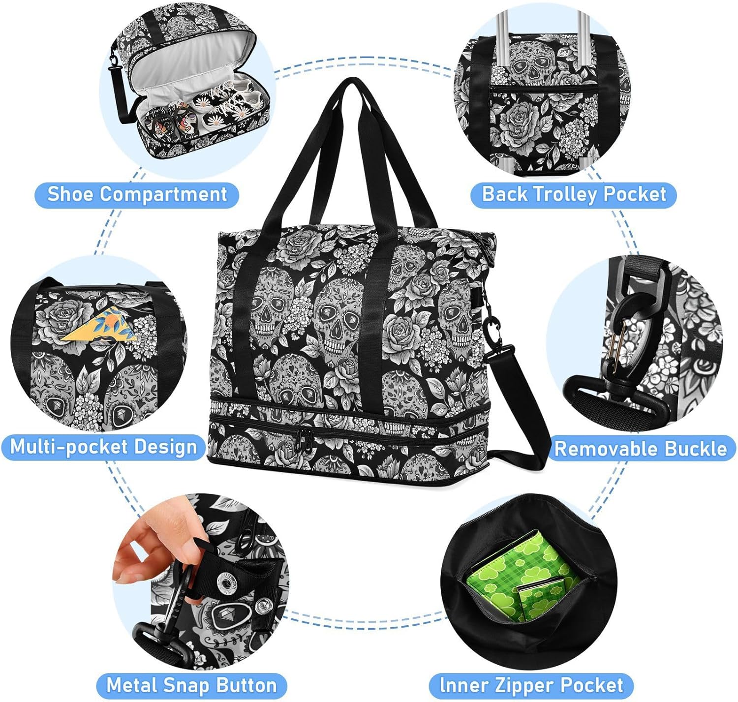 Skull Weekender for Women, Gym Sports Duffle With Flowers, Travel Tote With Toiletry Bag, Shoes Compartment, Dry/Wet Separation Swim Bag