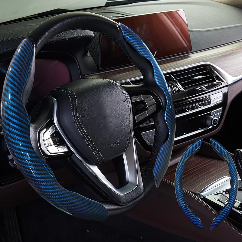Capa para Volante Automotivo WOCOCN com Padrão de Fibra de Carbono Azul Brilhante, 2 peças