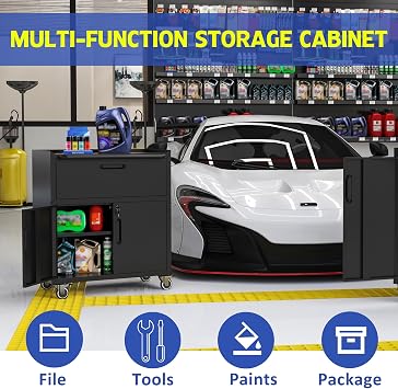 IKIMI Metal Tool Storage Cabinet on Wheels, 1 Drawer, 2 Lockable Doors & Adjustable Shelf, Rolling Garage Cabinet, Assembly Required