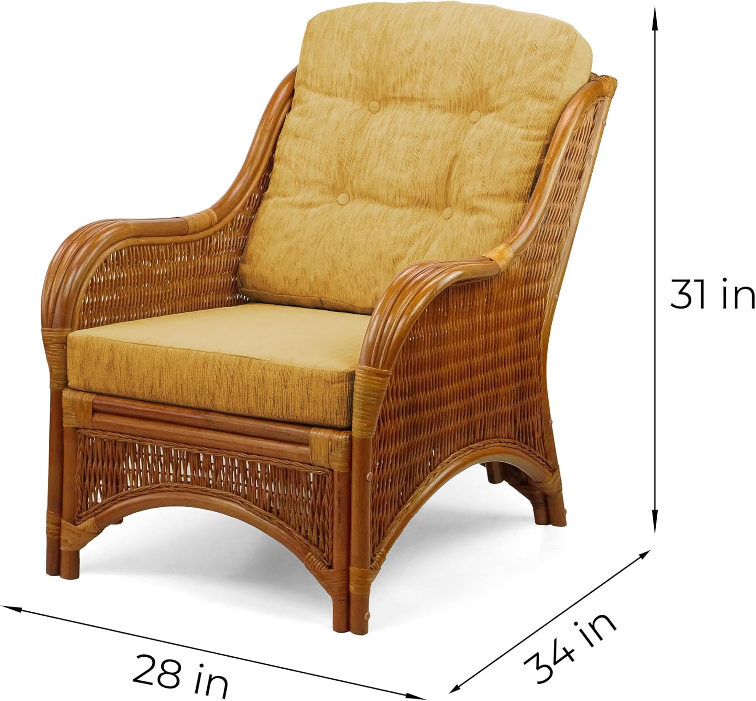 Jam Lounge Set of 4: 2 Natural Rattan Wicker Chairs, Loveseat with Light Brown Cushions and Coffee Table w/Glass Handmade, Colonial