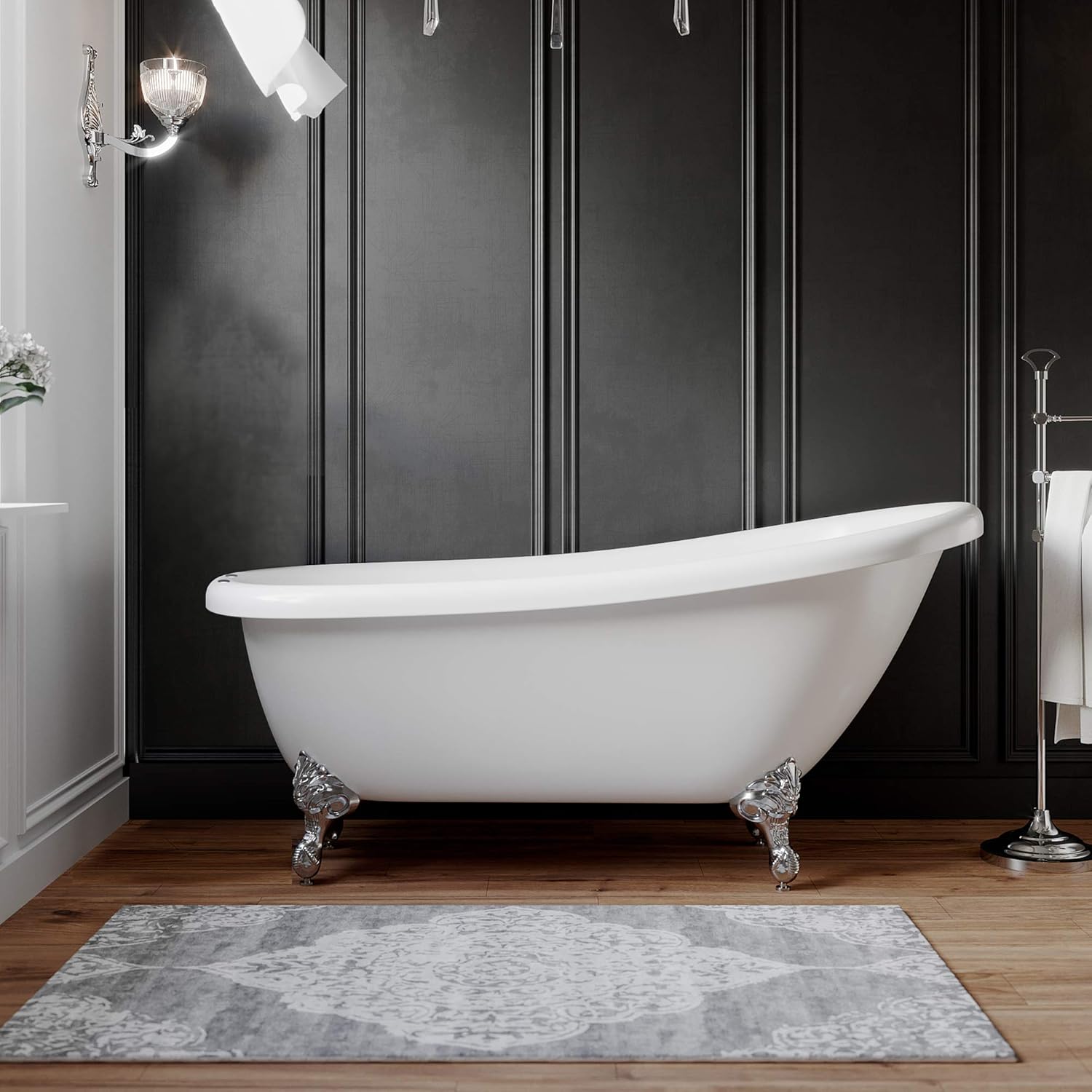 61" Claw Foot Acrylic Slipper Bathtub with 7" Faucet Hole Drillings & Chrome Feet- "Maries"
