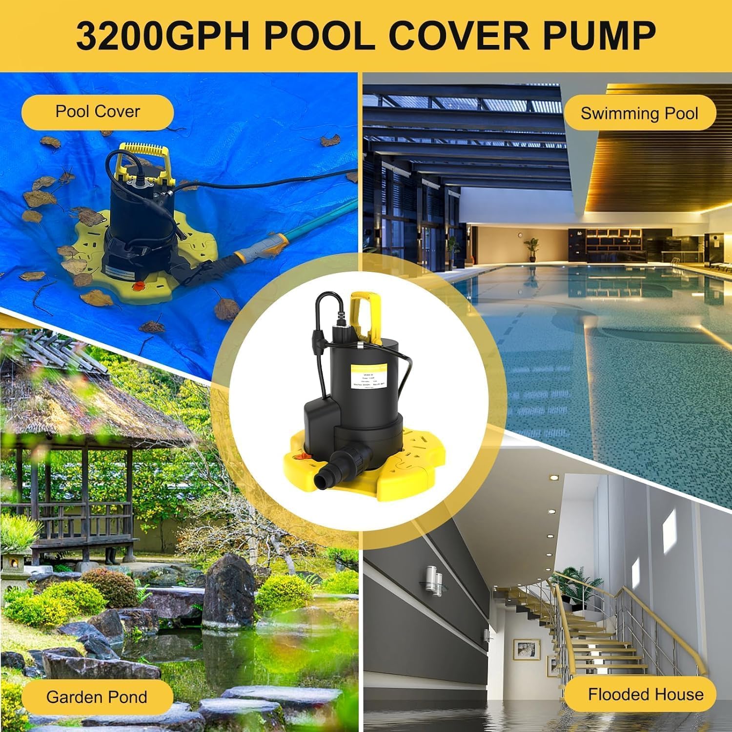 Automatic Pool Cover Pump - 1 HP 3500 GPH Submersible Water Pump with Check Valve
