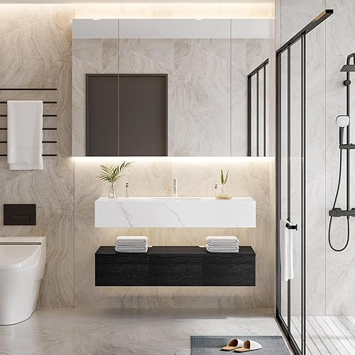 Miniatura 9 de DWVO Armario flotante de baño de 48 pulgadas montado en la pared, juego integrado individual con encimera de piedra sinterizada, lavabo de cerámica