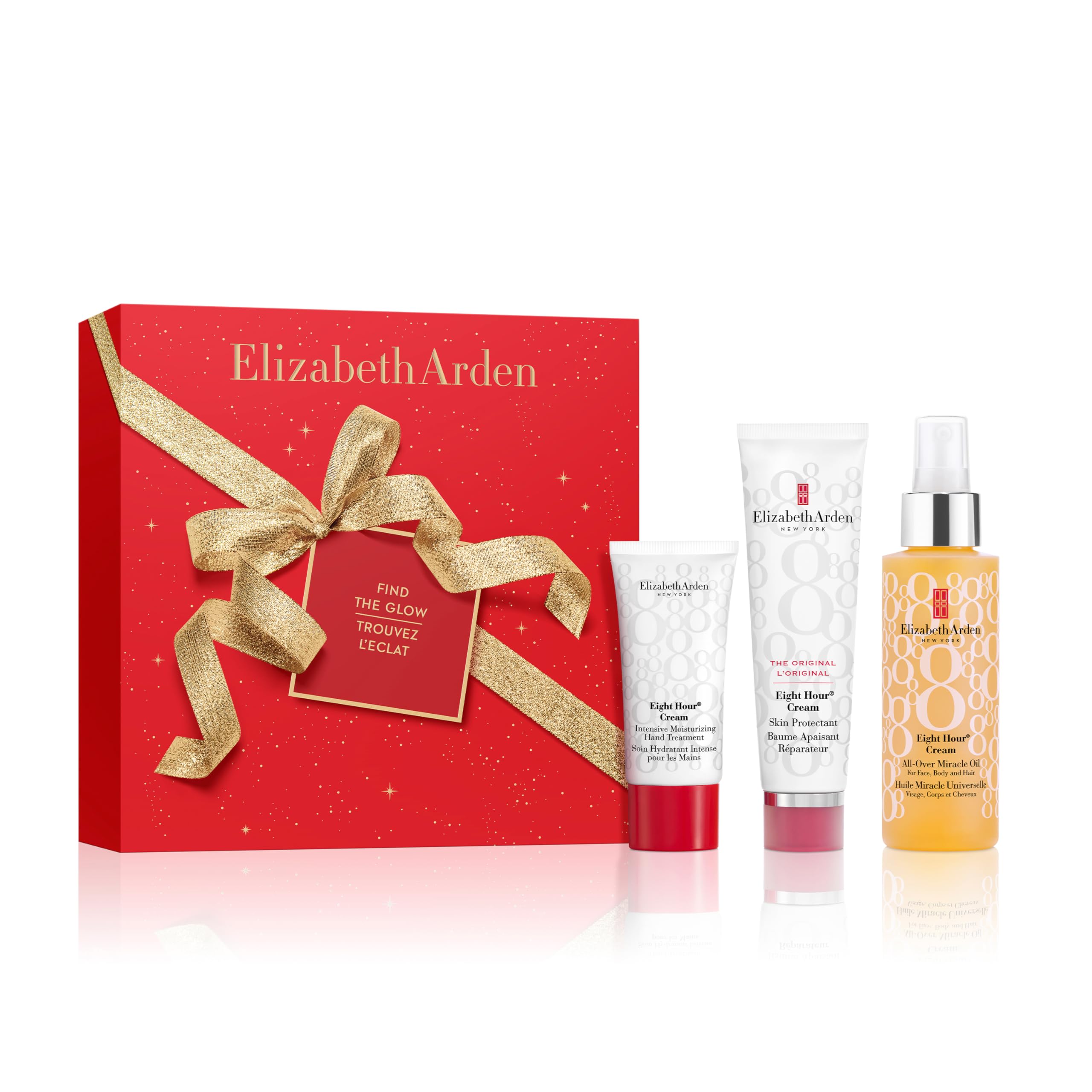 Elizabeth Arden – Eight Hour Find The Glow 3-teiliges Geschenkset, Gesichtscreme, Handcreme, Körper- & Haaröl, Feuchtigkeitspflege für Damen, mit Vitamin E, Beauty-Set für die Feiertage