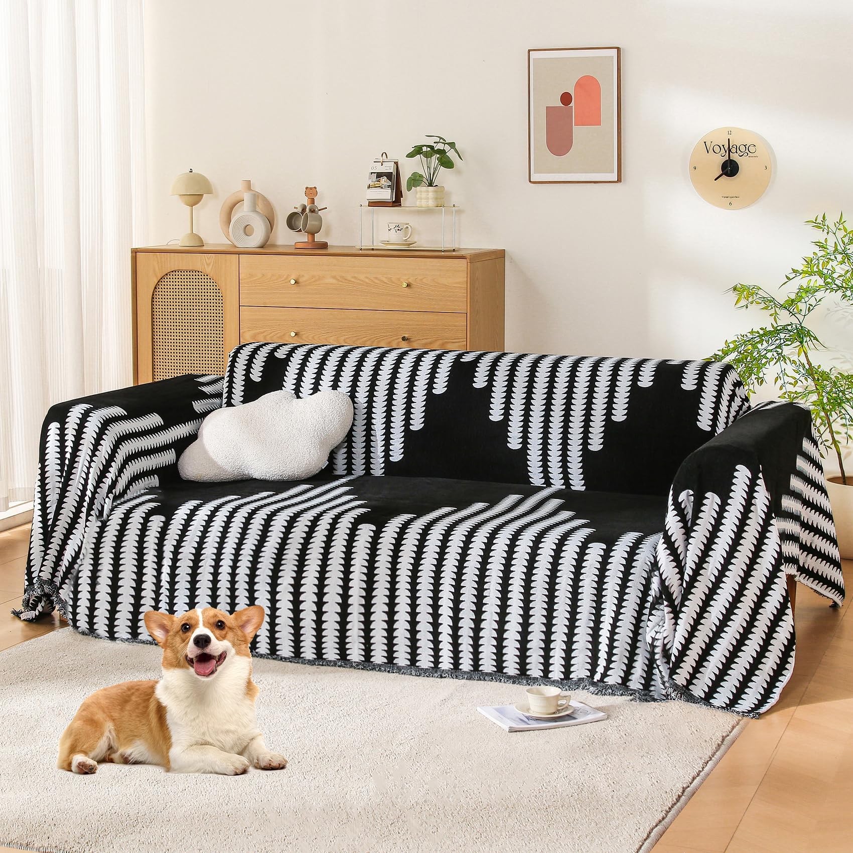Boho Sofa Cover, Couch Covers for 3 Cushion Couch Sofa Pet Friendly, Sofa Cover Washable, Soft Chenille Living Room Couch Covers Slipcover, Pet Furniture Protecto (2# Black, 71" x 134")