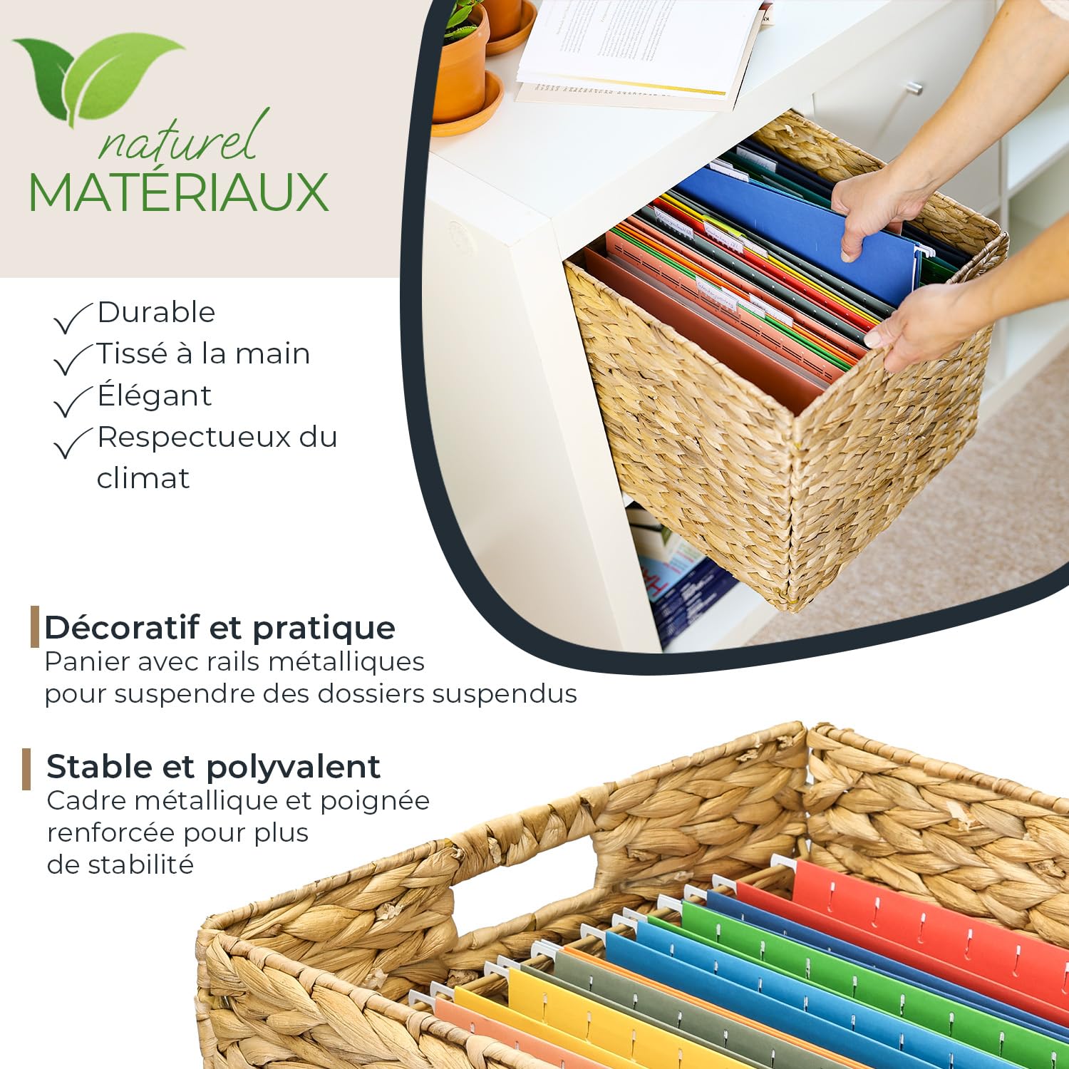 HMF Panier de Rangement pour Dossiers Suspendus A4, Panier Jacinthe d’Eau Compatible KALLAX avec Poignées | 33 x 38 x 32 cm | Naturel