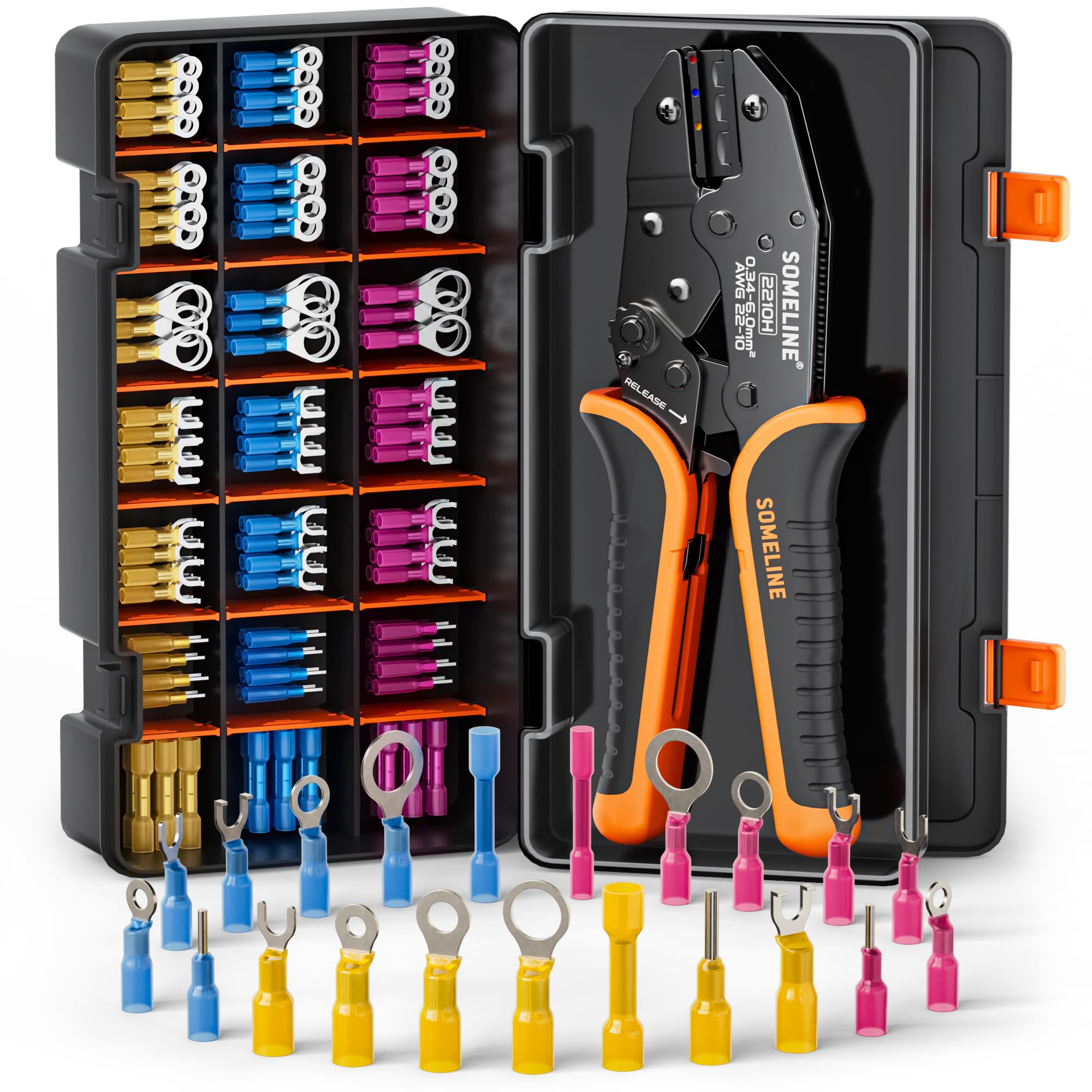 SOMELINE Crimping Tool for Heat Shrink Connectors Kit, with 21 Size Marine Grade Heat Shrink Terminals, 22-10 AWG Ratchet Crimping Pliers for Heat