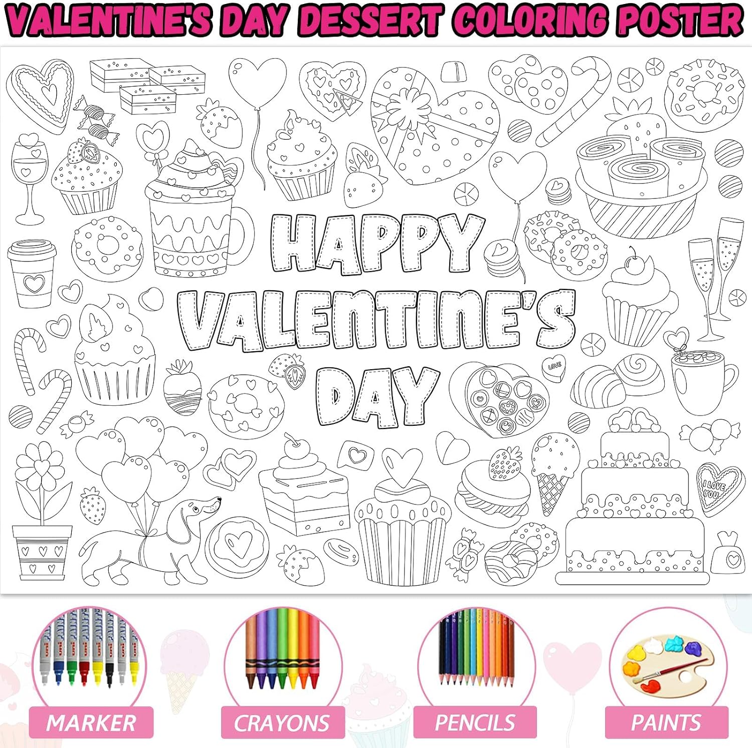 Naozinebi Valentine's Day Coloring Poster for Kids Giant Coloring Poster Large Valentines Sweet Treat Coloring Tablecloth Jumbo Coloring Books for Classroom Home Birthday Party Supplies Favor