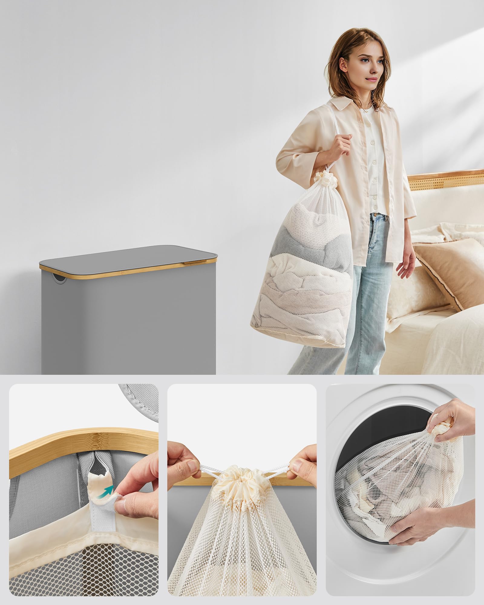 SONGMICS Wasmand met 3 compartimenten, wasmand met bamboe frame