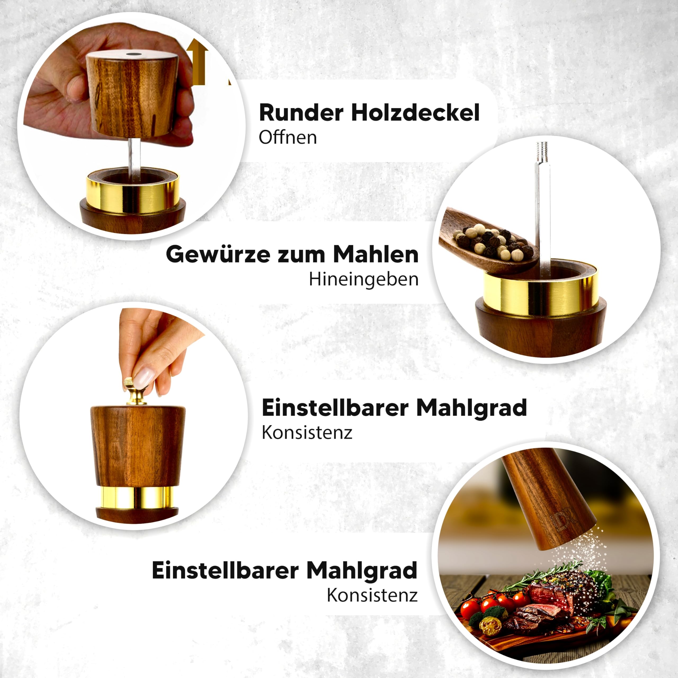 Salz- & Pfeffermühlen-Set Aus Buchenholz – Manuell, Verstellbare Mahlstufe, Mit Tablett & Goldenen Etiketten, 20 Cm